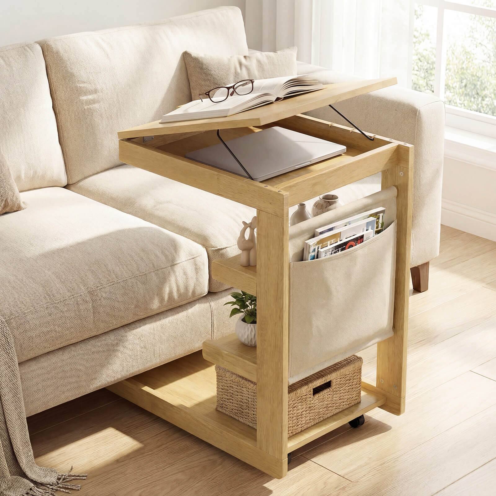 Alt View 1. Costway - Costway 1 PCS C-shaped End Table with Wheels, Adjustable Desktop, Edge Stopper, Storage Pocket - Natural.