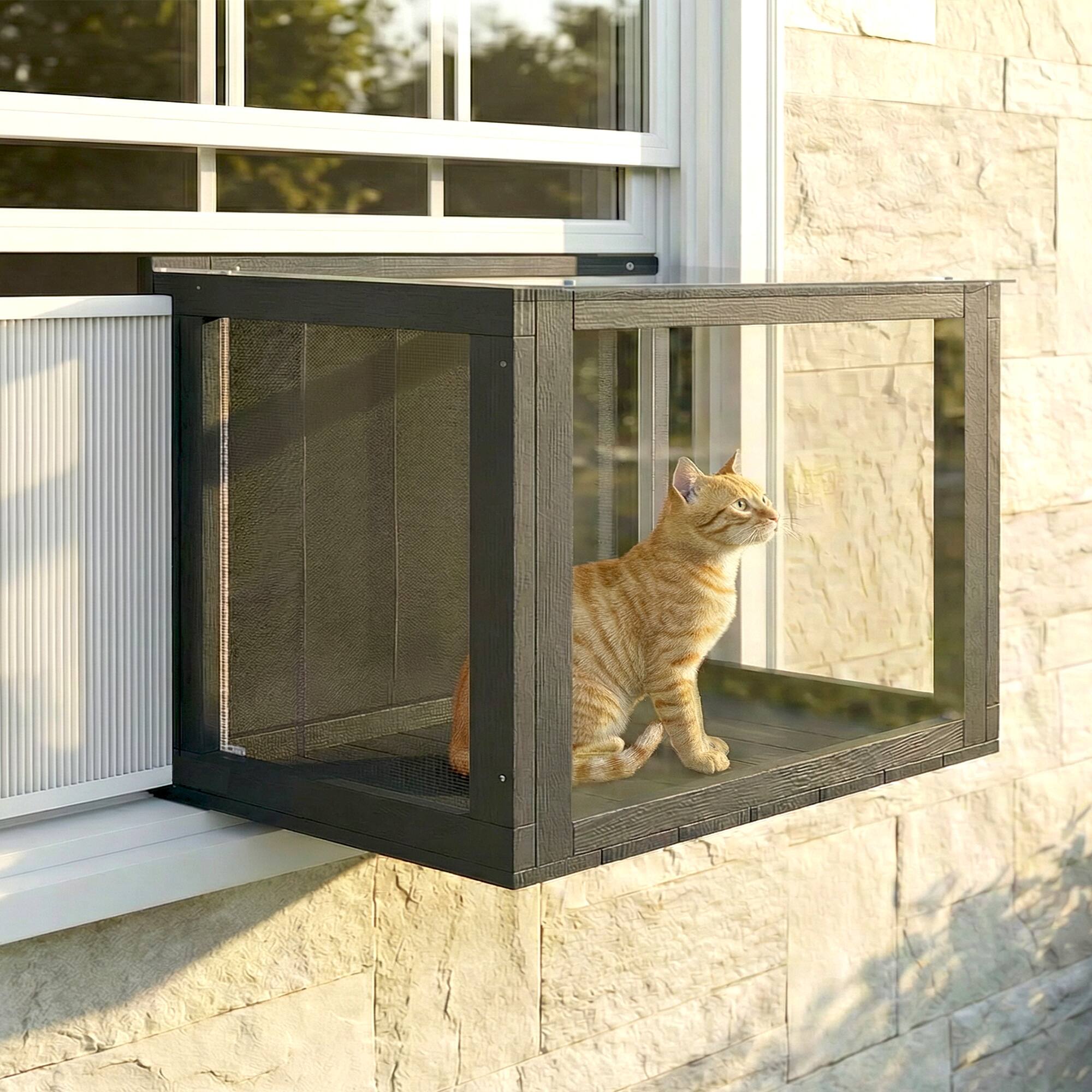 Alt View 8. Pawhut - Outdoor Cat Enclosure 25"–41" Outdoor Cat House for Sunbathing - Black.