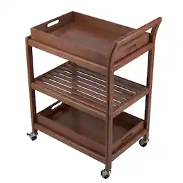 FurniFact - Solid Wood Kitchen Cart With Serving Trays, Vintage Bar Cart On Wheels - Walnut