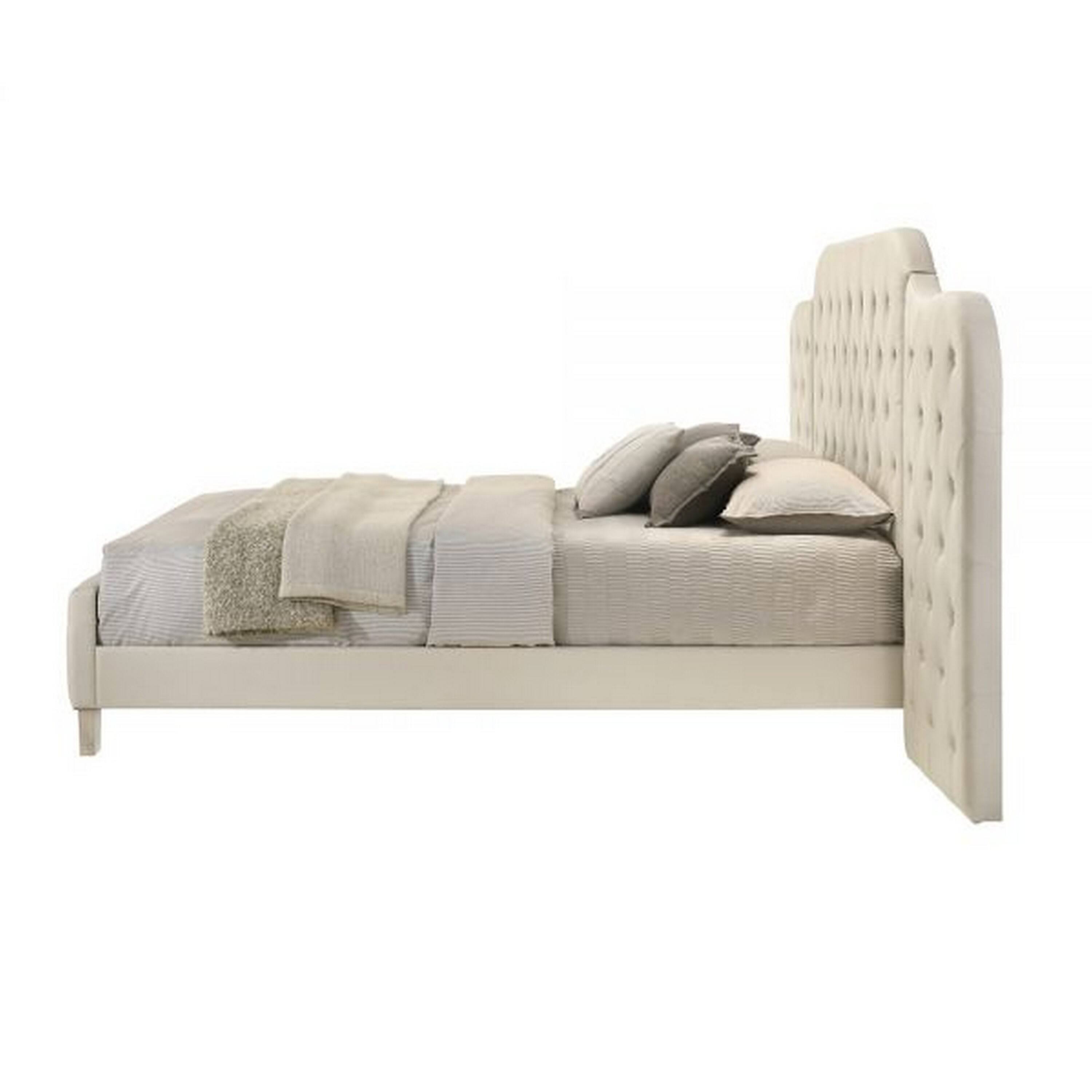 Alt View 2. Manhattan Lane - Ronny Inch Queen Size Bed, Wall Headboard, Beige Linen Tufted Upholstery - Beige, Brown.