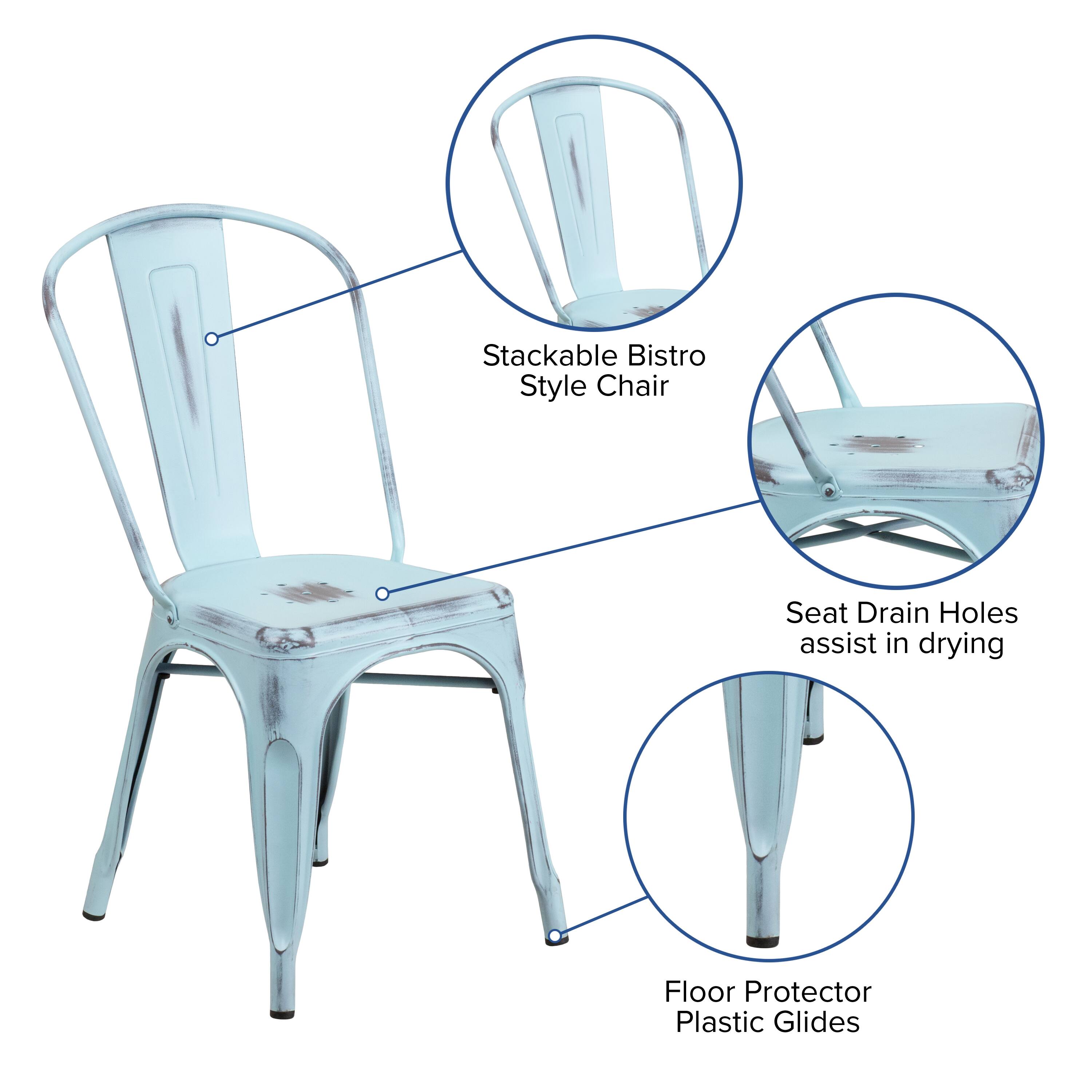 Stackable Bistro Style Chair Seat Drain Holes assist in drying Floor Protector Plastic Glides