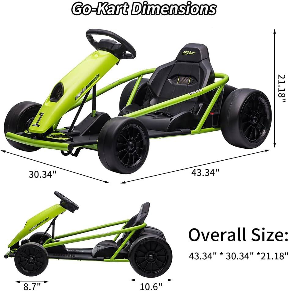 Go-Kart Dimensions

ED-kart 1

Overall Size: 43.34" * 30.34" * 21.18"

- Length: 43.34"
- Width: 30.34"
- Height: 21.18"

- Wheelbase: 8.7"
- Wheel Diameter: 10.6"