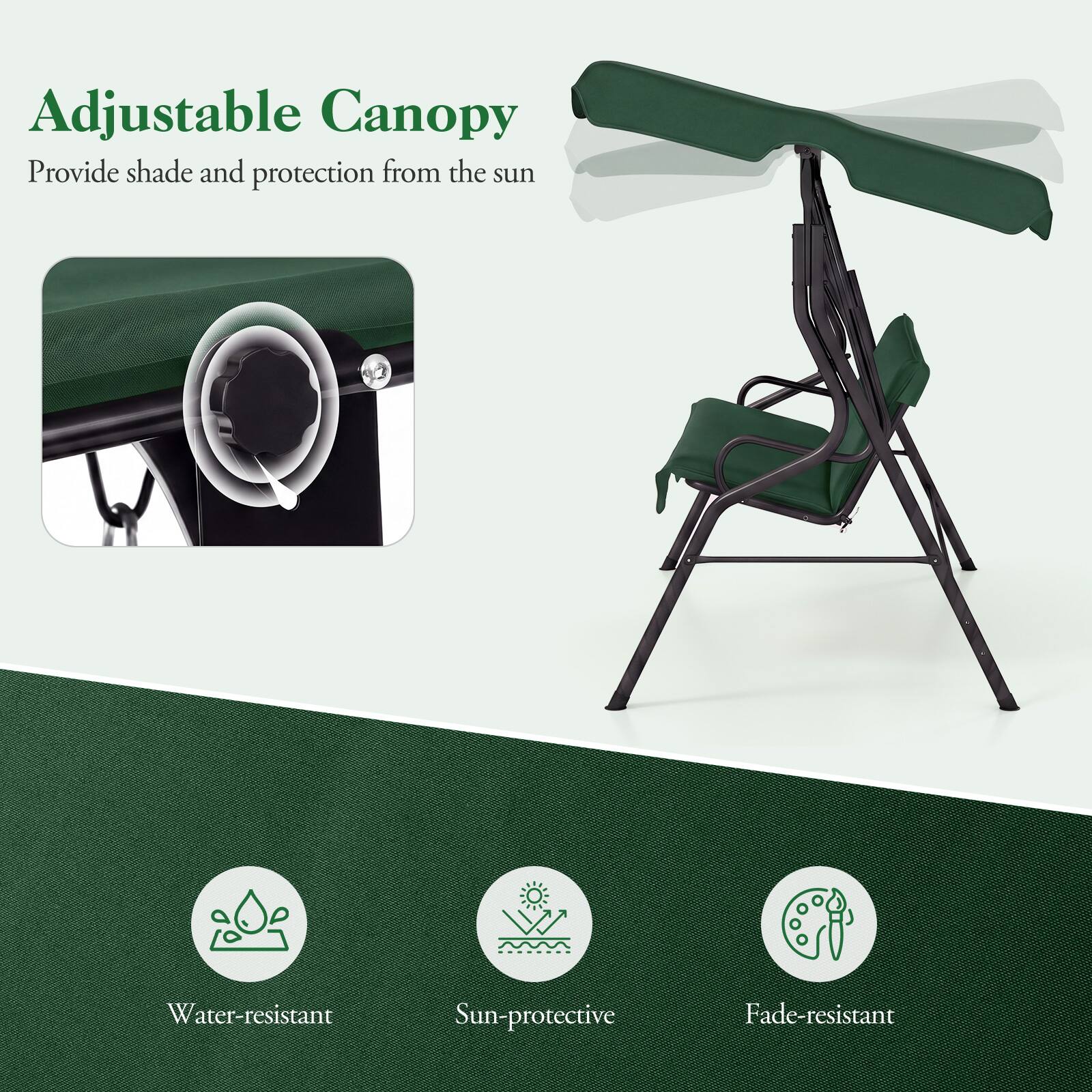 Adjustable Canopy  
Provide shade and protection from the sun

Water-resistant  
Sun-protective  
Fade-resistant