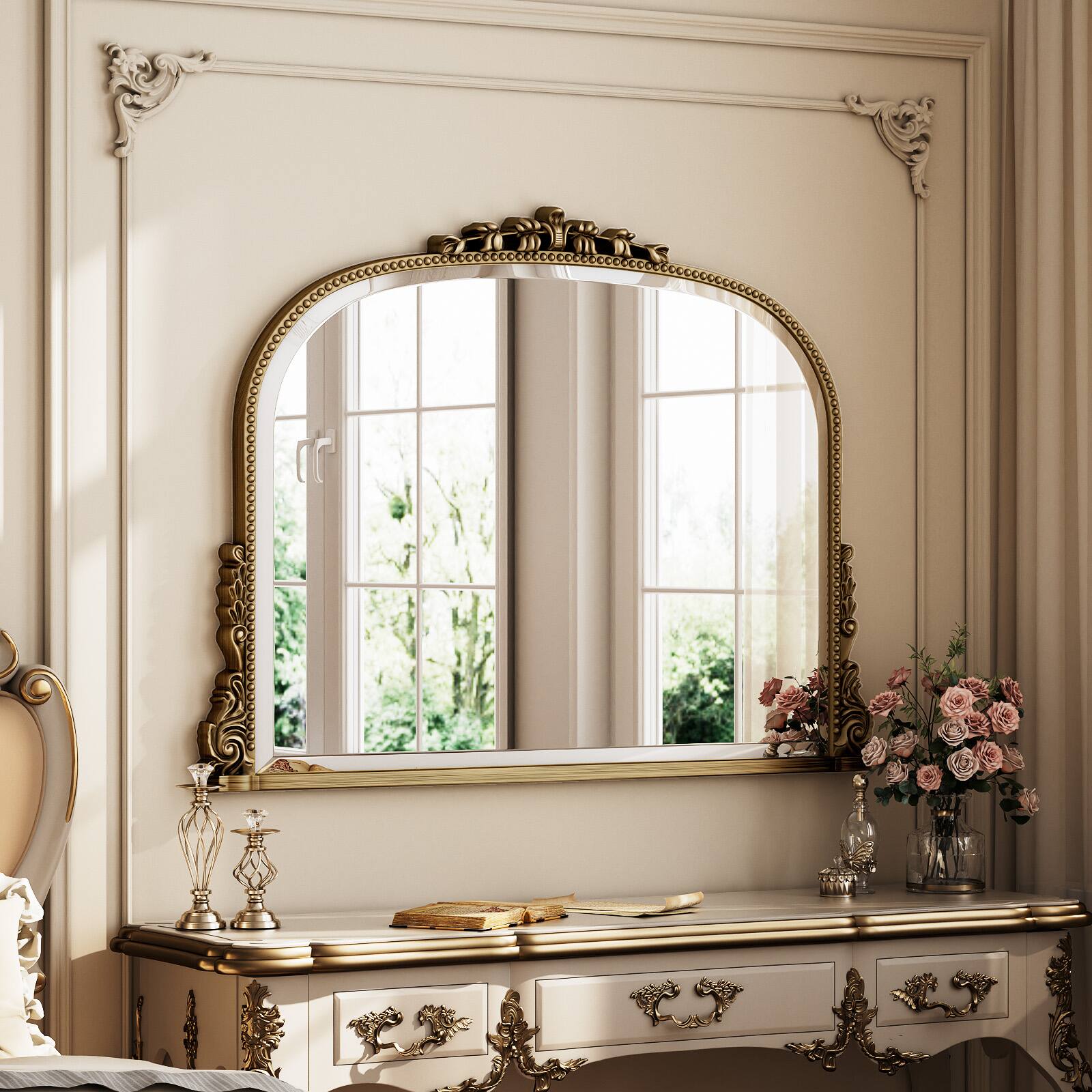 Angle. Easly - Antique Bronze 27 in. W x 36 in. H Carved Arched PU Frame Vanity Wall Mirror - Antique Bronze.