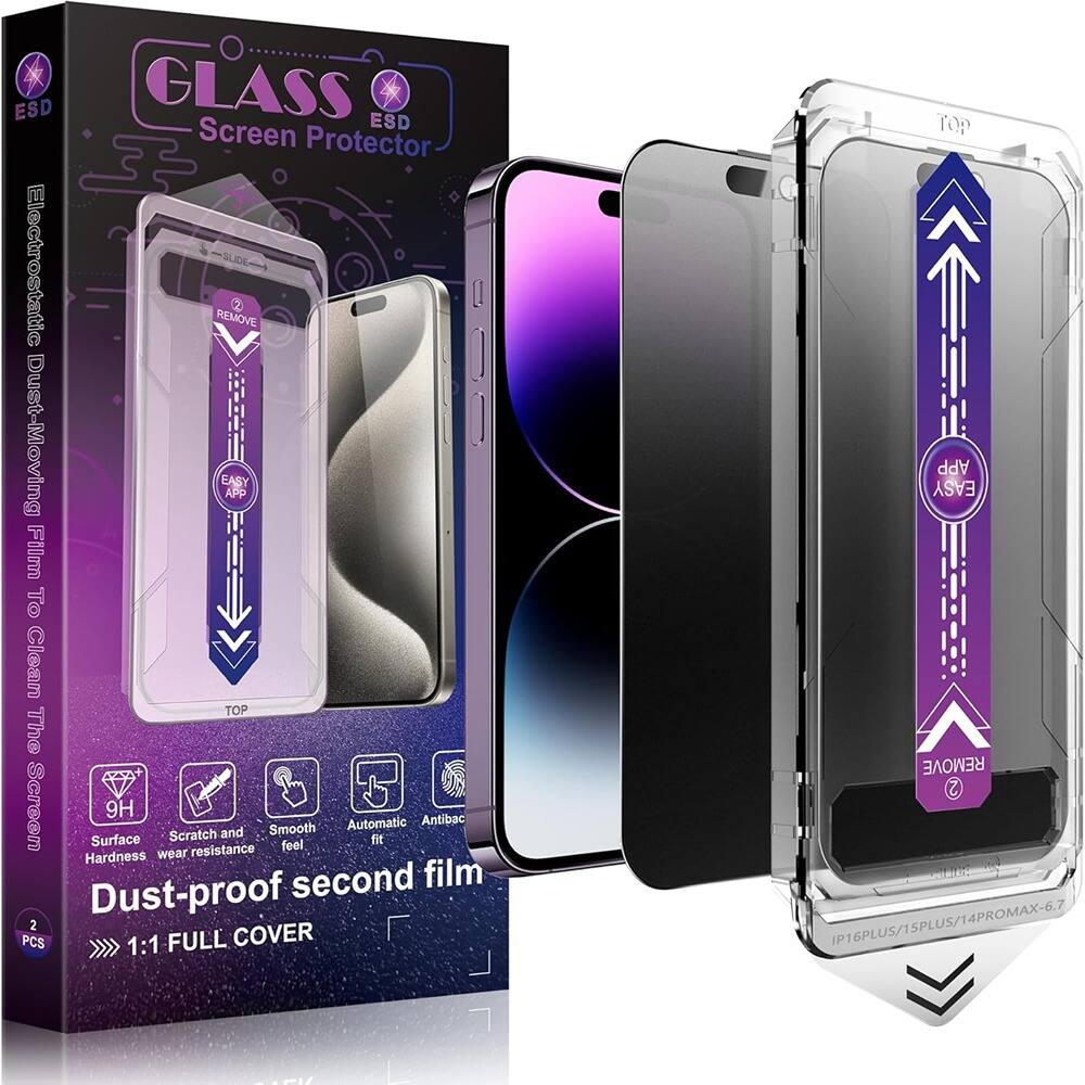 ESD GLASS Screen Protector  
Electrostatic Dust-Moving Film To Clean The Screen Surface  
9H Surface Hardness  
Scratch and Wear Resistance  
Smooth Feel  
Automatic Fit  
Antibac  
Dust-proof second film  
2 PCS  
1:1 FULL COVER  
IP16PLUS/1SPLUS/14PROMAX-6.7
