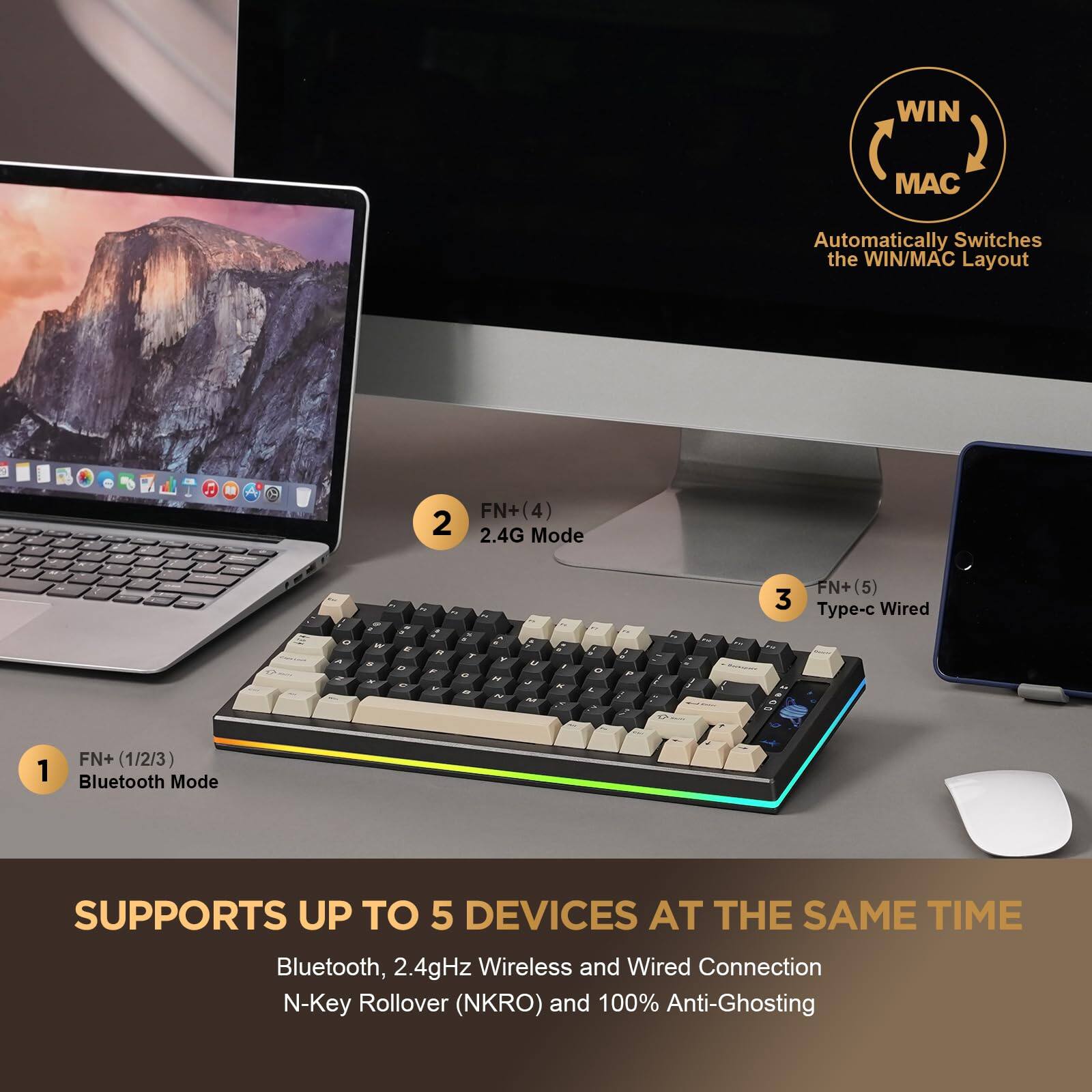 Sure, here is the corrected and grouped text:

---

**WIN/MAC Automatically Switches the WIN/MAC Layout**

1. **FN+(1/2/3)**  
   Bluetooth Mode

2. **FN+(4)**  
   2.4G Mode

3. **FN+(5)**  
   Type-c Wired

**SUPPORTS UP TO 5 DEVICES AT THE SAME TIME**

- Bluetooth, 2.4GHz Wireless and Wired Connection
- N-Key Rollover (NKRO) and 100% Anti-Ghosting

---

This text is organized to reflect the features and modes of the keyboard as shown in the image.