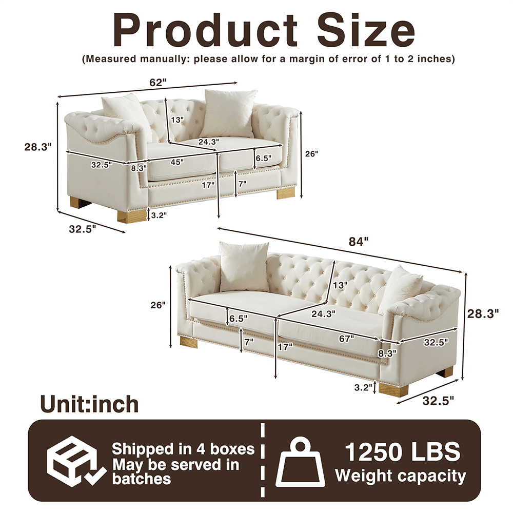 Product Size (Measured manually: please allow for a margin of error of 1 to 2 inches)

62"
13"
28.3"
32.5"
8.3"
45"
24.3"
6.5"
26"
17"
7"
32.5"
3.2"
84"
13"
26"
6.5"
24.3"
28.3"
7"
17"
67"
8.3"
32.5"

Unit: inch

Shipped in 4 boxes May be served in batches

1250 LBS Weight capacity