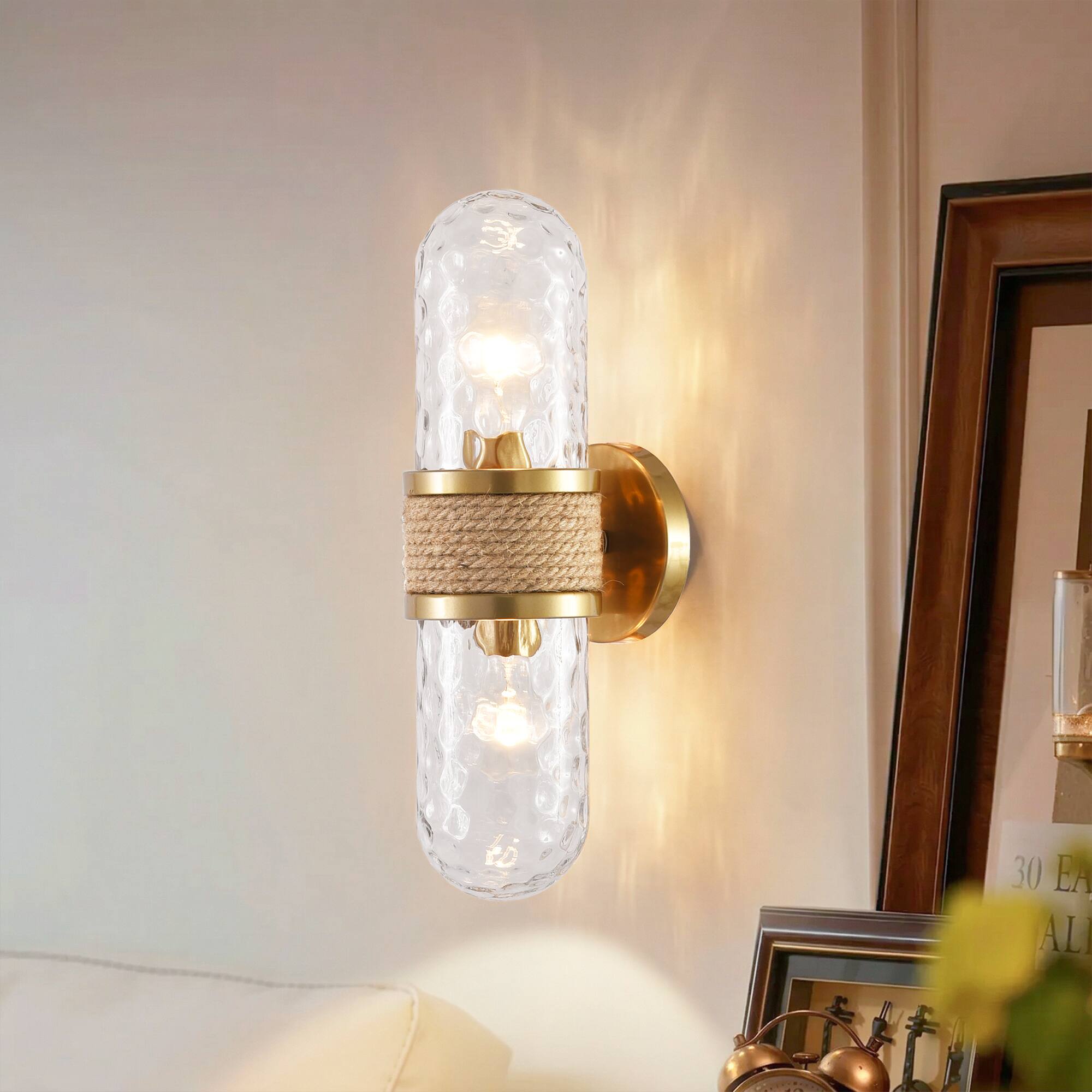 Front. Parrot Uncle - Modern Gold 2-Light Glass Rattan Jute Rope Bathroom Vanity Light Fixture - Gold.