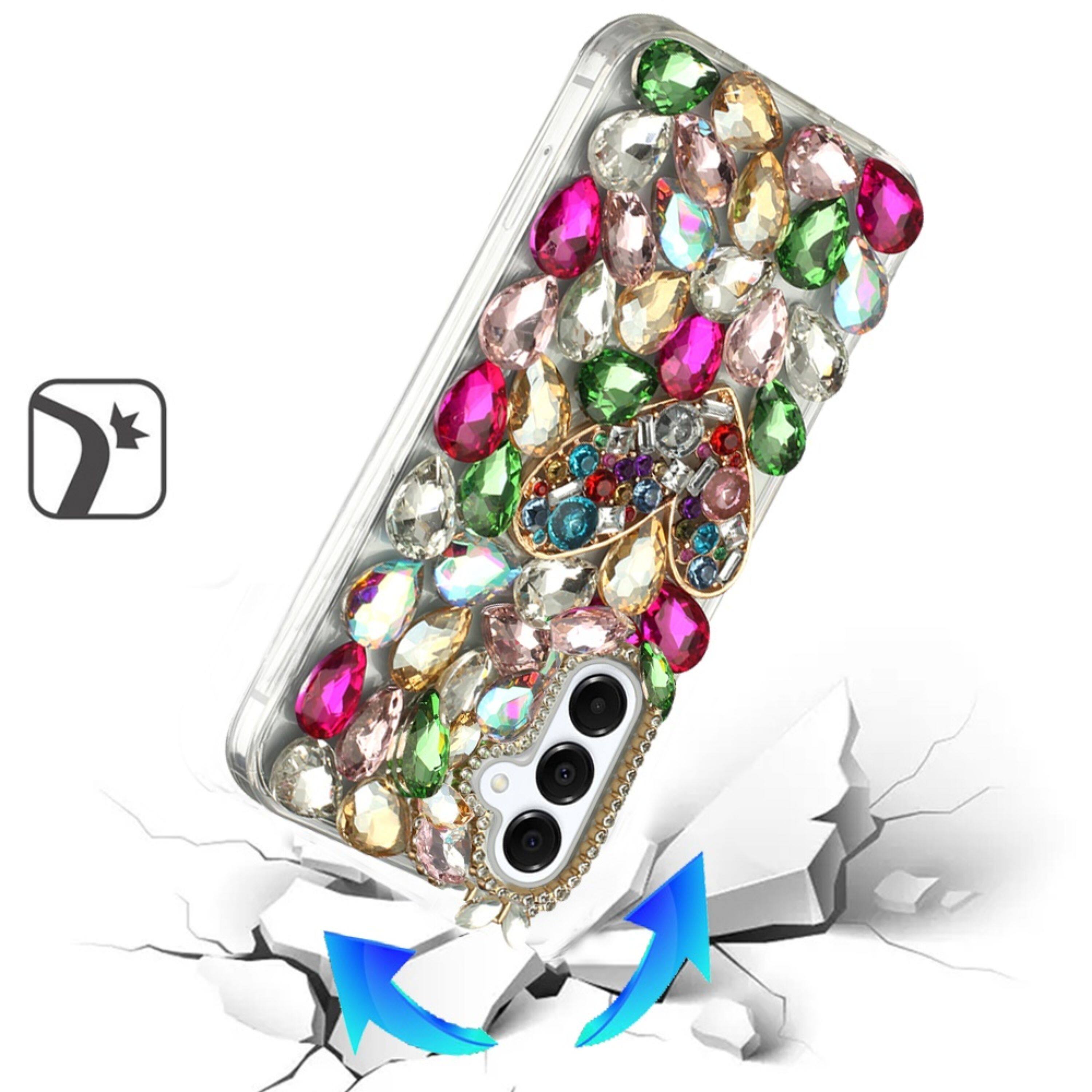 Angle. Kitcheniva - Full Diamond Bling 3D Jewel Ornaments Plus Tempered Glass For Samsung S25 FE Colorful Ornaments With Heart - Multicolor.