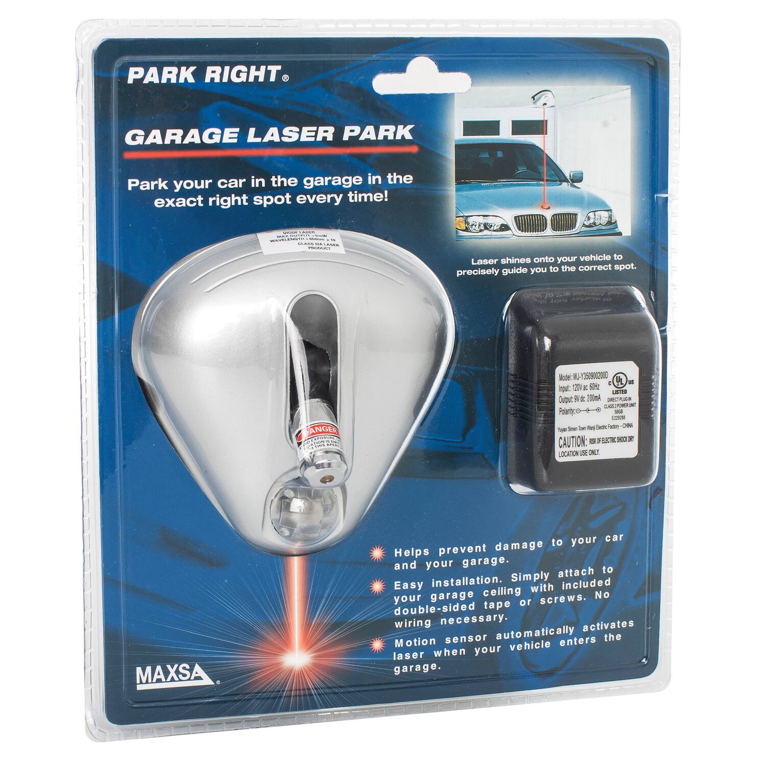 PARK RIGHT.  
GARAGE LASER PARK  

Park your car in the garage in the exact right spot every time!  

- Laser shines onto your vehicle to precisely guide you to the correct spot.  

Helps prevent damage to your car and your garage.  
Easy installation. Simply attach to your garage ceiling with included double-sided tape or screws. No wiring necessary.  
Motion sensor automatically activates the laser when your vehicle enters the garage.  

CAUTION: LOCATION USE ONLY