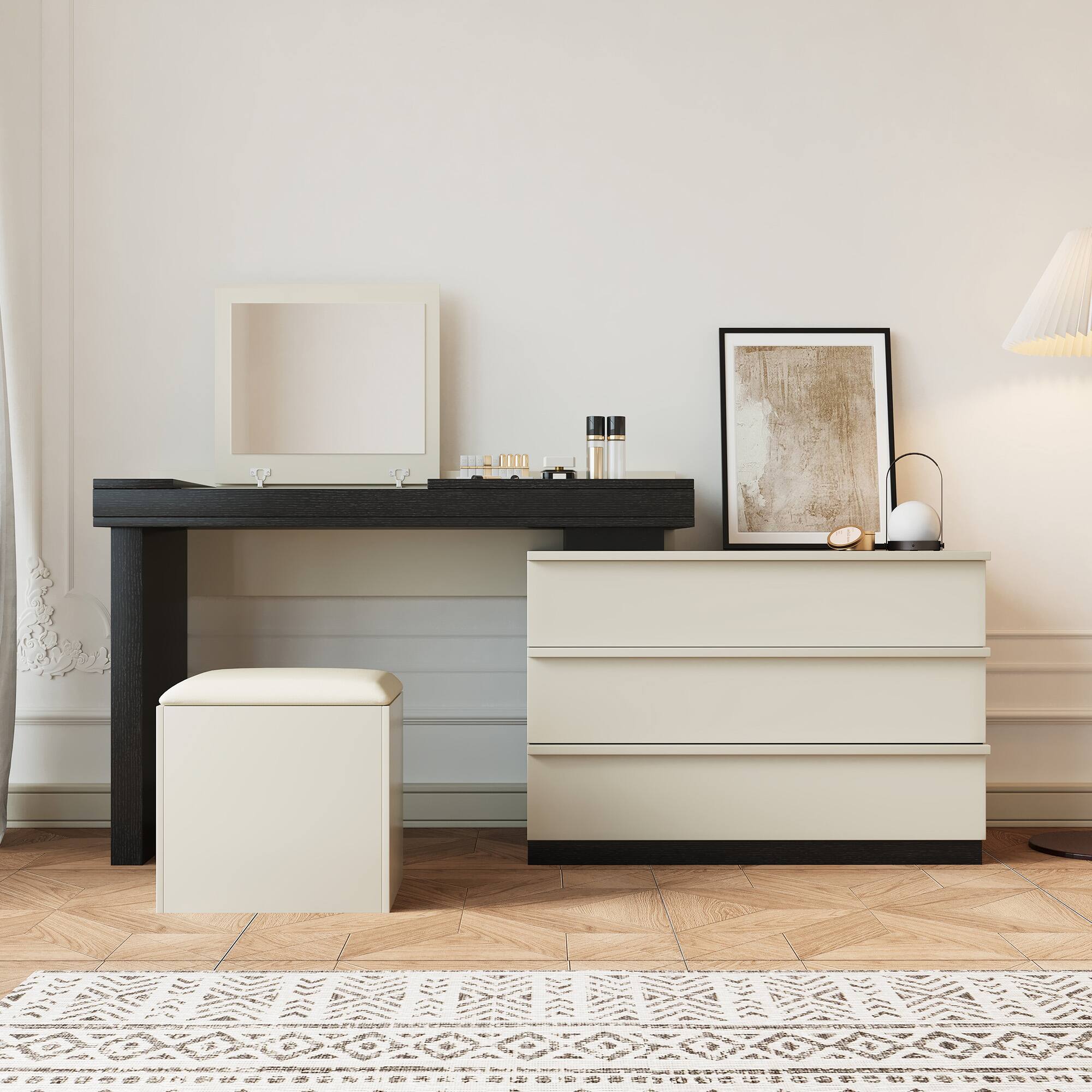 Angle. luck idea - Modern Expandable Countertop Vanity with Hidden Mirror, Storage Drawers and Dressing Stool - Black.