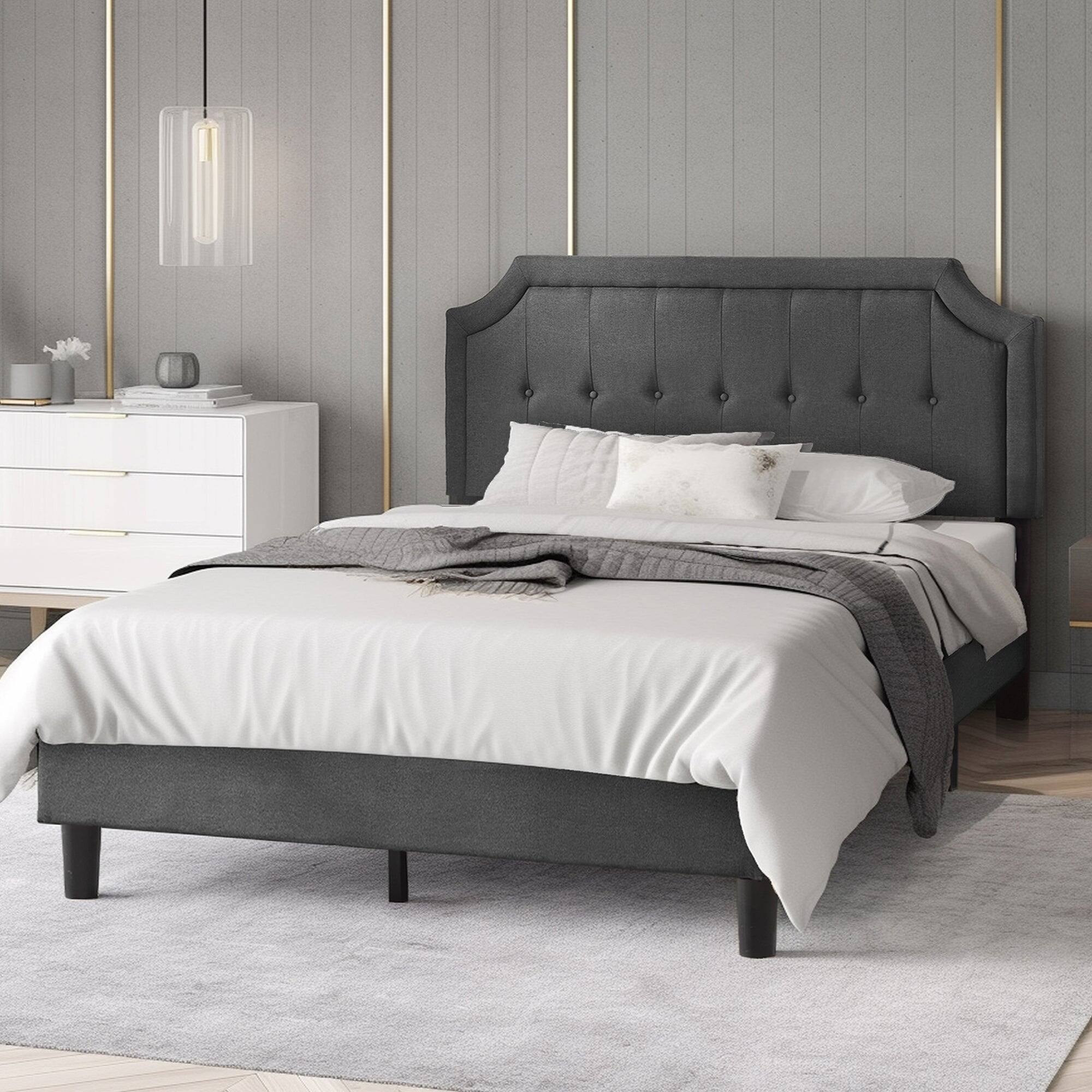 Alt View 2. Vecelo - Linen Upholstered Queen Size Bed Frame with Adjustable Headboard - Noise Free Platform Bed, 8" Under Bed Storage - Dark Grey.