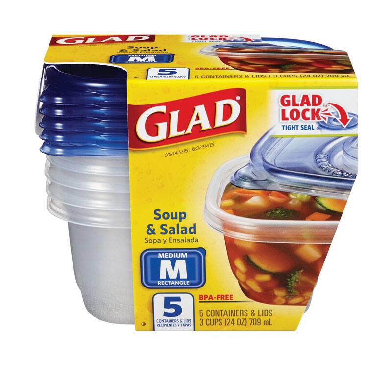 GLAD LOCK TIGHT SEAL  
Soup & Salad  
Sopa y Ensalada  
MEDIUM RECTANGLE  
BPA-FREE  
5 CONTAINERS & LIDS  
3 CUPS (24 OZ) 709 mL  
RECIPIENTES Y TAPAS