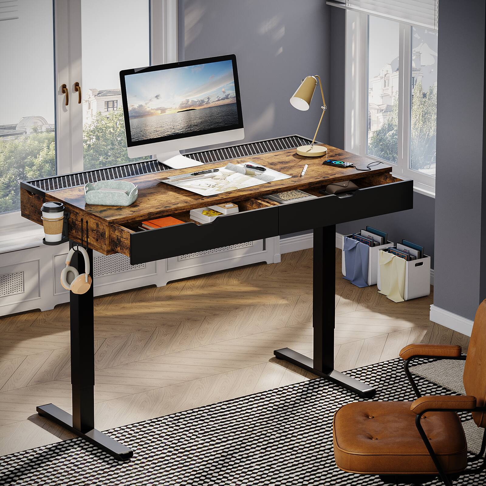 Left. Bestier - 47inch Adjustable Standing Computer Desk with LED Lights Storage drawer - Brown.