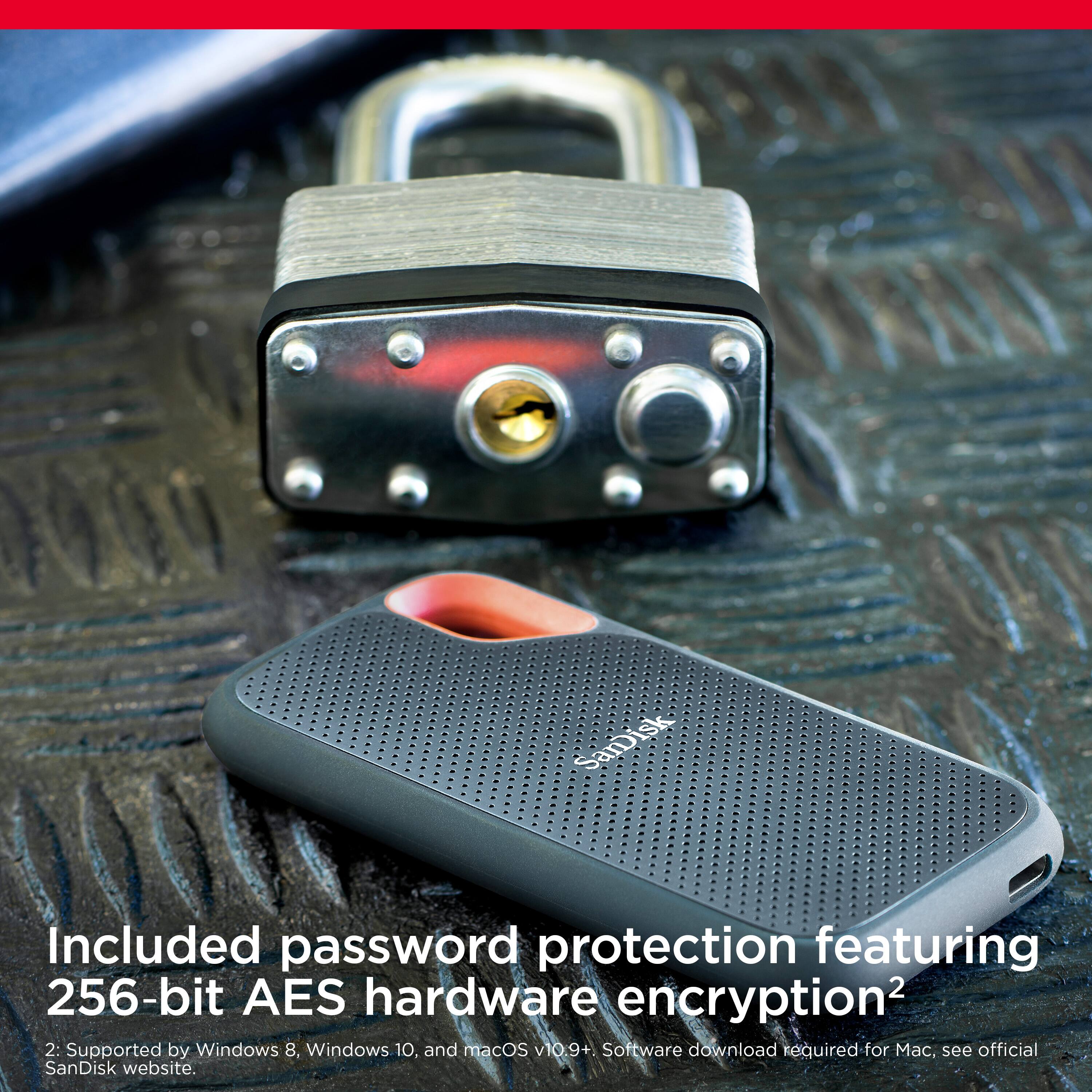 Included password protection featuring 256-bit AES hardware encryption. Supported by Windows 8, Windows 10, and macOS 9+. Software download required for use, see official SanDisk website.