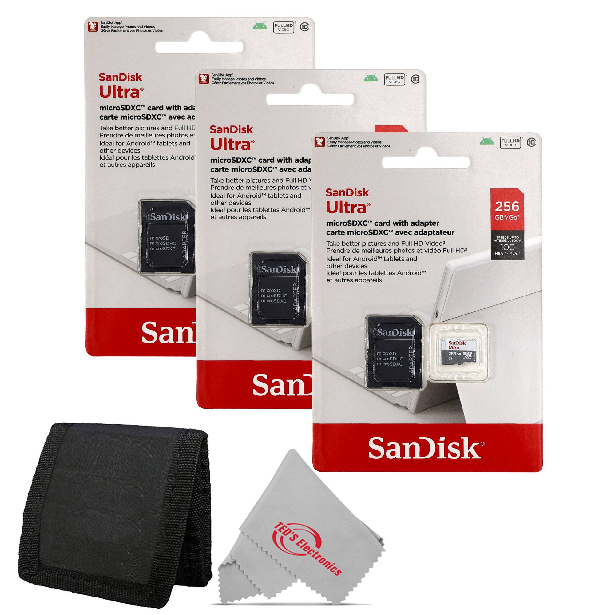 SanDisk Professional - 3x Sandisk Ultra 256GB 100MB/s Class 10 Micro SDXC Memory Card with Card Wallet