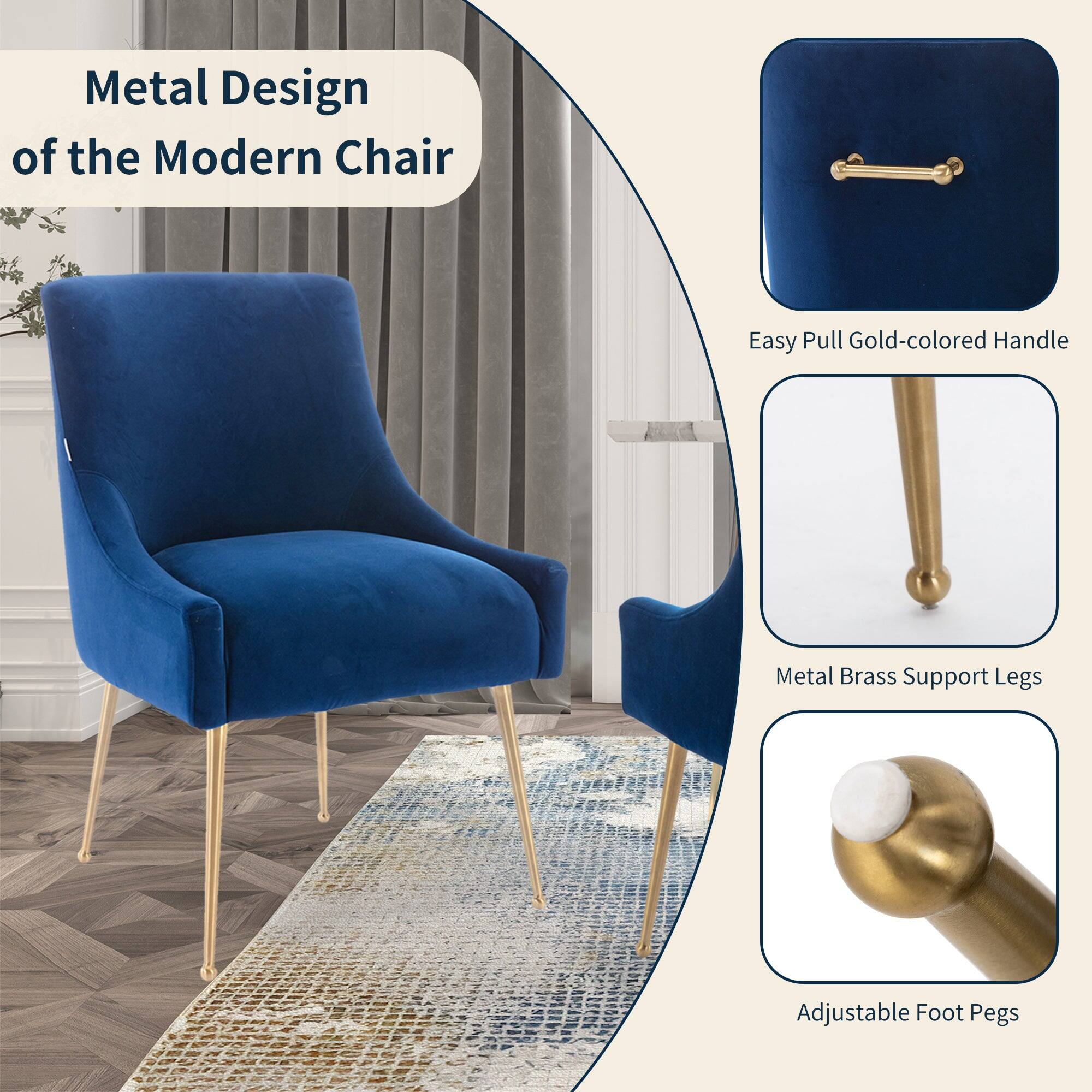 Metal Design of the Modern Chair

- Easy Pull Gold-colored Handle
- Metal Brass Support Legs
- Adjustable Foot Pegs