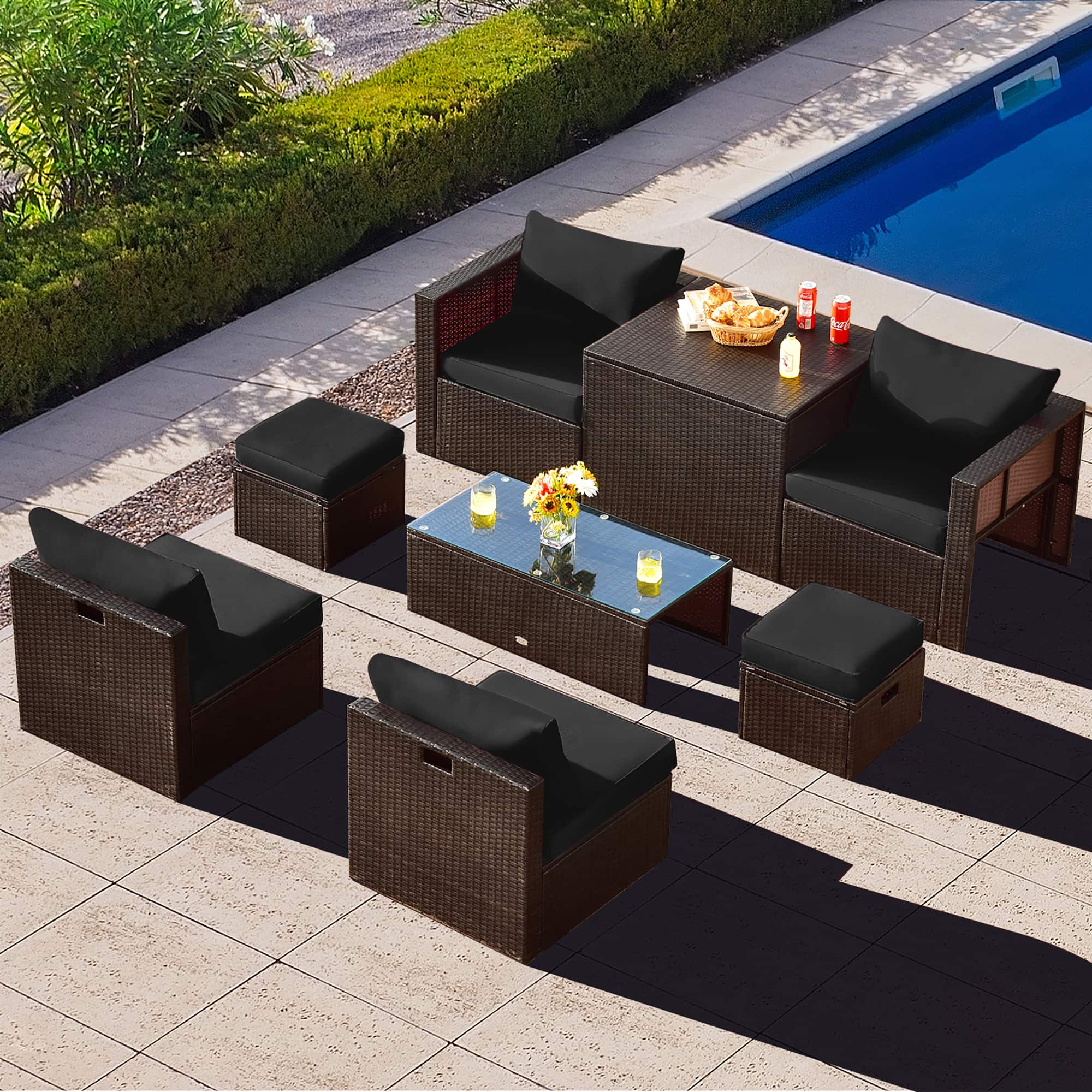 Gymax - 8PCS Patio Rattan PE Wicker Conversation Set All-Weather Furniture Set w/ Cushions - Black