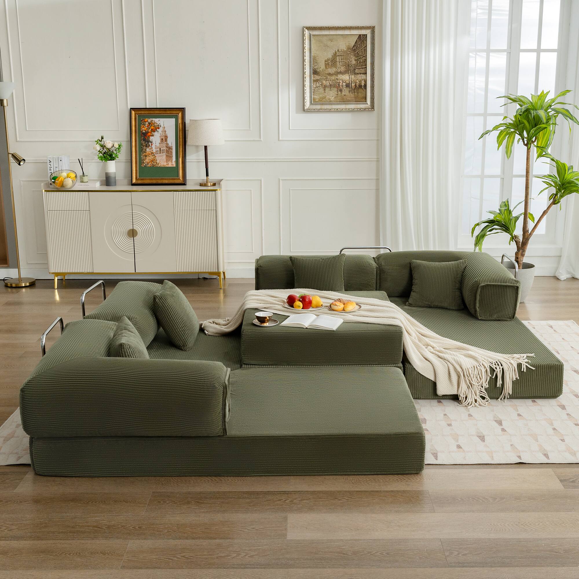 Back. KERDOM - Oversized Big Family Sofa Couch, 170 inches Extra Long Convertible Sofa Bed Sleeper Sectional Floor Building Block Couch - Olive Green.