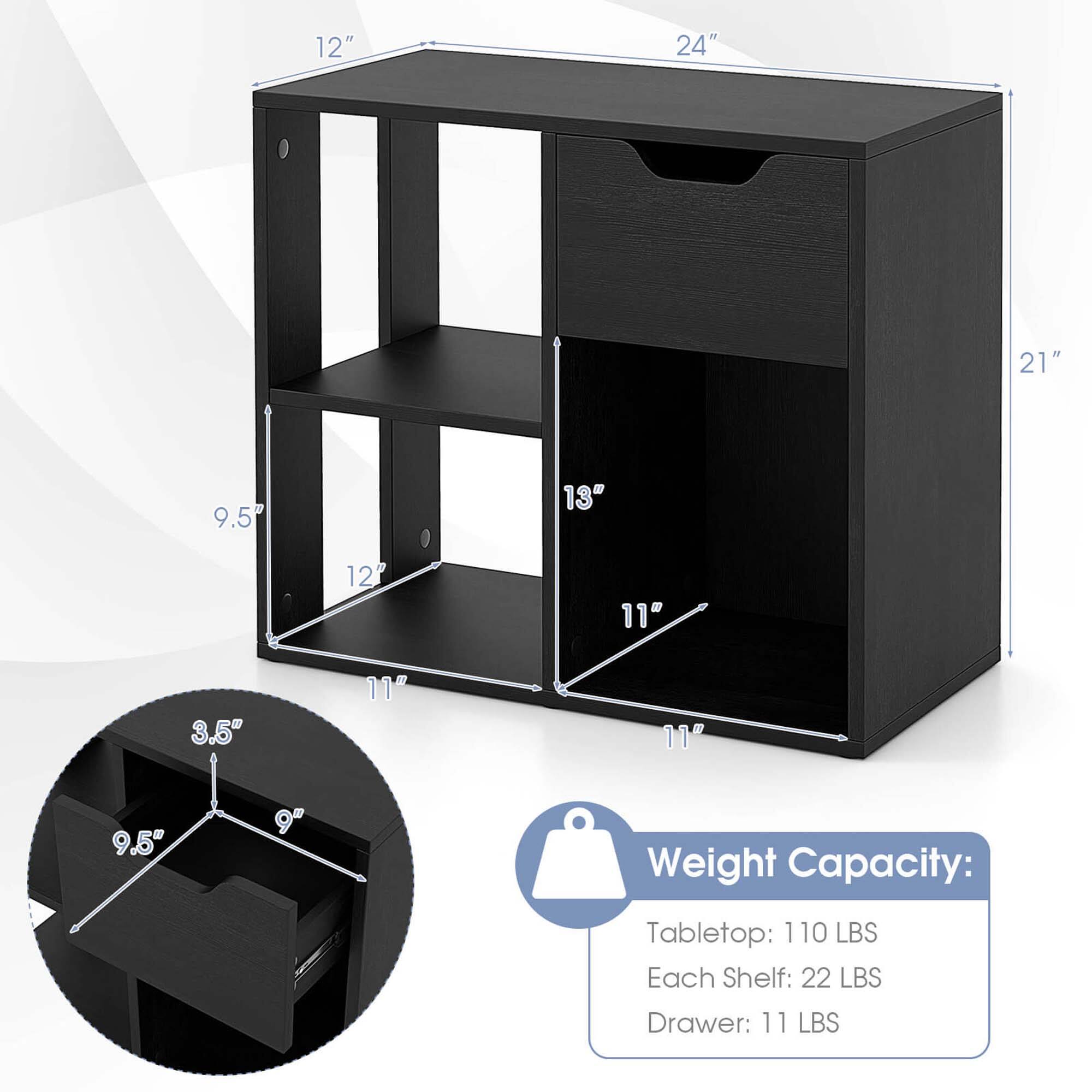 12" 24" 21" 9.5" 13" 11" 3.5" 9.5" 9" Weight Capacity: Tabletop: 110 LBS Each Shelf: 22 LBS Drawer: 11 LBS