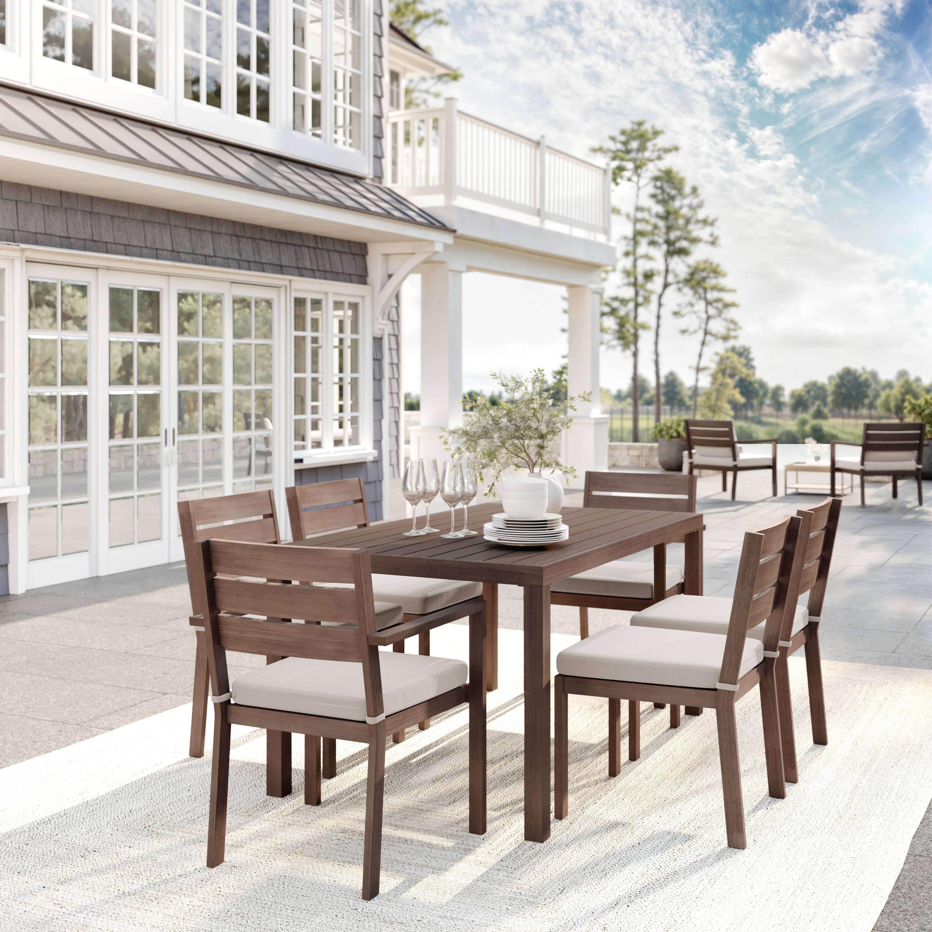 Alt View 1. Martha Stewart - Bedford All-Weather Patio Set with 62" Table and 6 Stackable Dining Chairs - Brown.