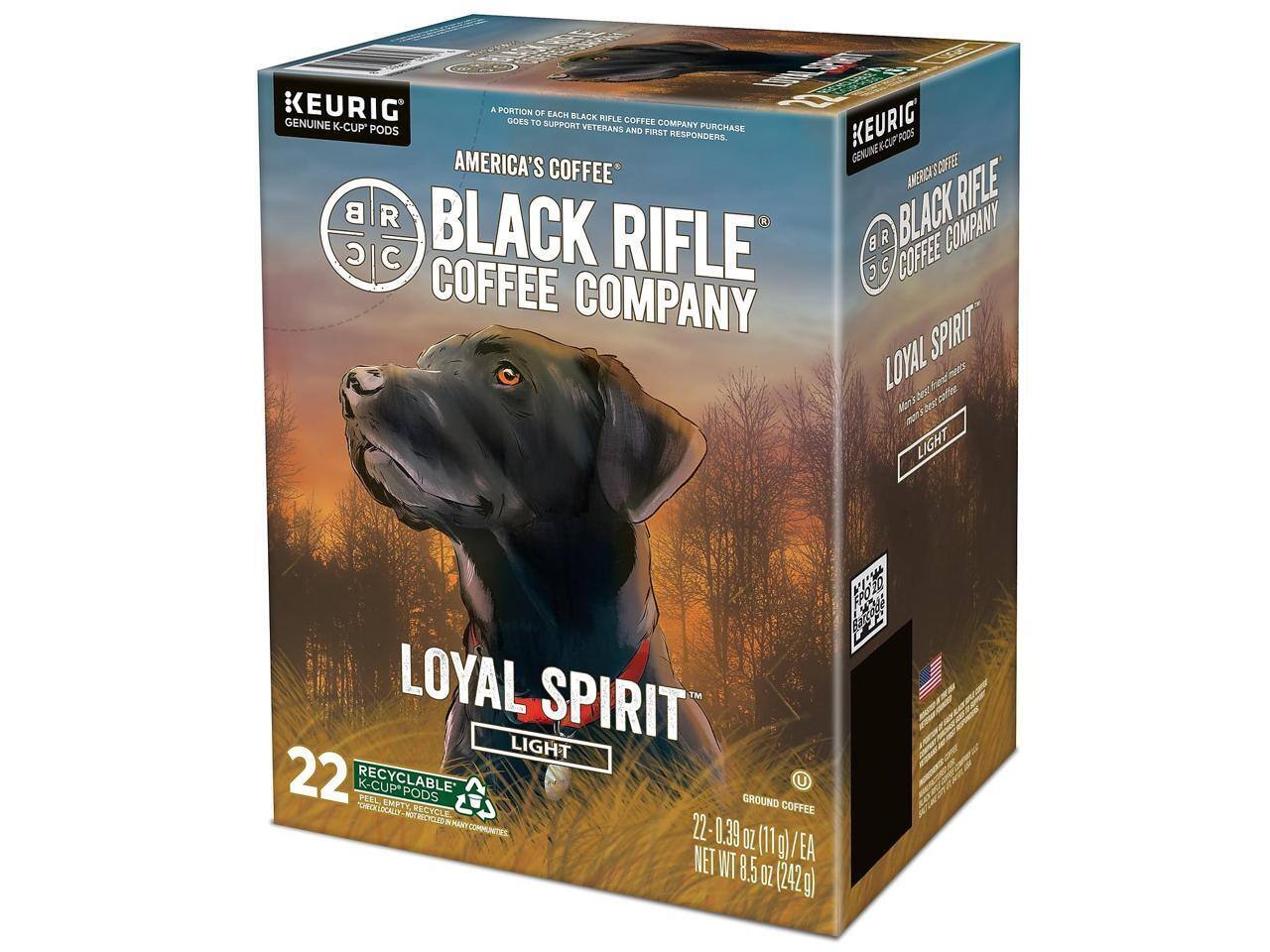 KEURIG GENUINE K-CUP PODS

A PORTION OF EACH BLACK RIFLE COFFEE COMPANY PURCHASE GOES TO SUPPORT VETERANS AND FIRST RESPONDERS.

AMERICA'S COFFEE
BLACK RIFLE COFFEE COMPANY

LOYAL SPIRIT
LIGHT

22 RECYCLABLE K-CUP PODS
PEEL EMPTY PODS
CHECK LOCALLY TO RECYCLE

22 - 0.39 OZ (11g) EA
NET WT 8.5 OZ (242g)

FPO20