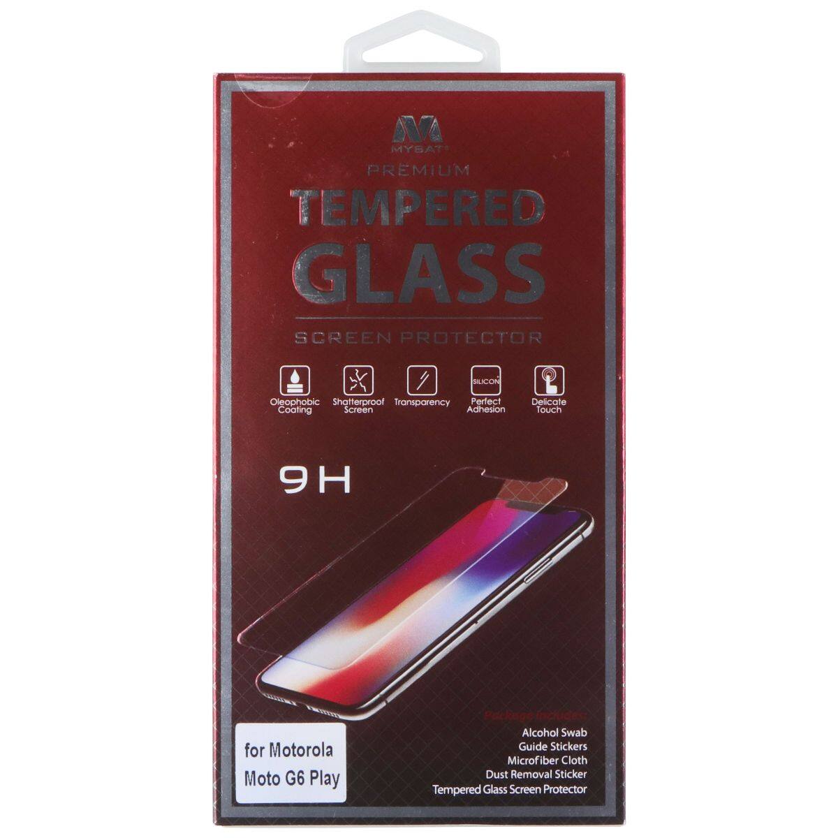MYSAT PREMIUM TEMPERED GLASS SCREEN PROTECTOR SUCON Oleophobic Shatterproof Transparency Perfect Adhesion Delicate Touch 9H for Motorola Moto G6 Play Package ICICEO Alcohol Swab Guide Stickers Microfiber Cloth Dust Removal Sticker Tempered Glass Screen Protector
