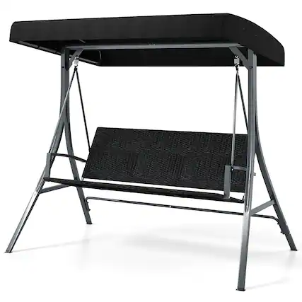 Front. Gymax - Gymax 3-Person Porch Swing w/ Stand w/ Rattan Seat Back Metal Frame Adjustable Shade - Black.