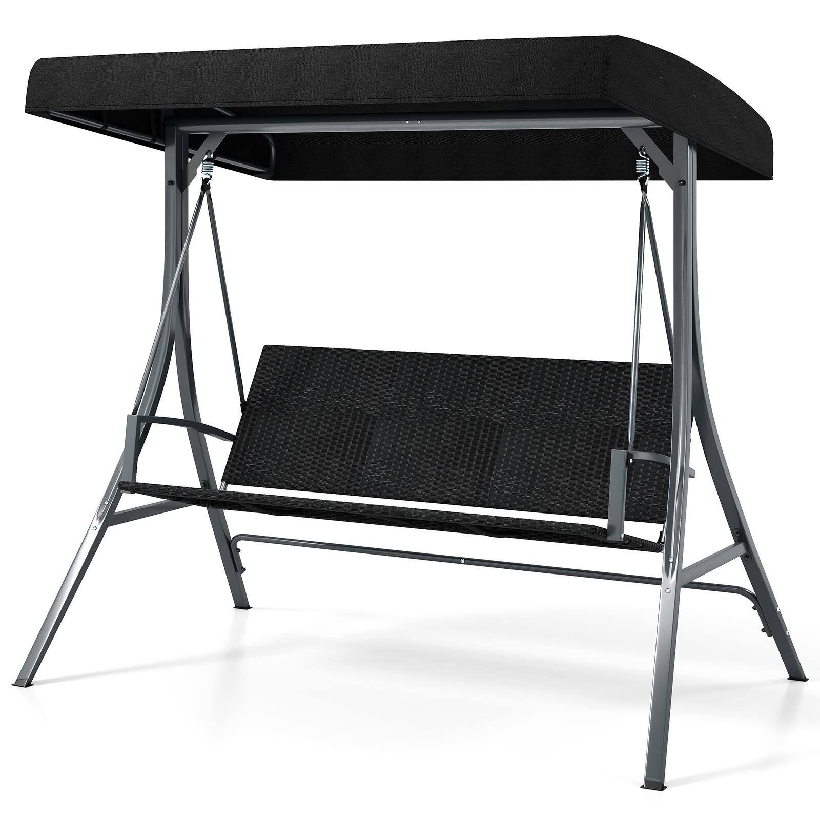 Front. Gymax - Gymax 3-Person Porch Swing w/ Stand w/ Rattan Seat Back Metal Frame Adjustable Shade - Black.