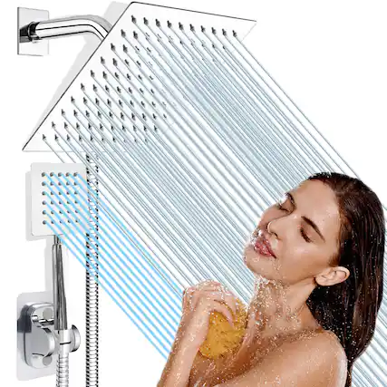 Front. Paradigms Interiors - High Square Rain Shower Head Combo Equipped With All Metal Hand Extra Long Hose 3 way Diverter Adhesive Hol... - Square#Chrome-6'' Showerhead Set.