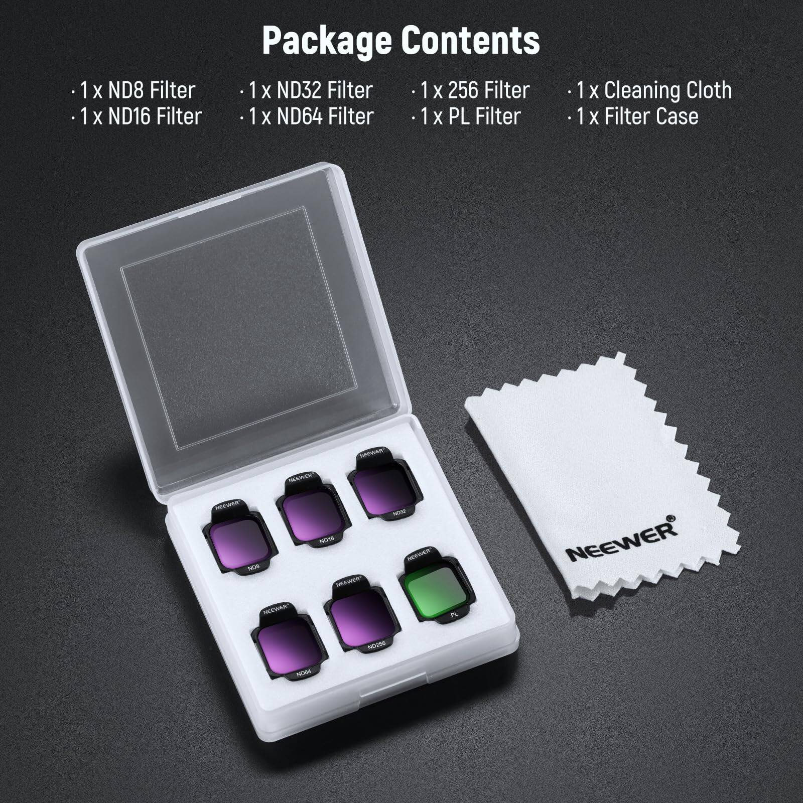 Package Contents

- 1 x ND8 Filter
- 1 x ND16 Filter
- 1 x ND32 Filter
- 1 x ND64 Filter
- 1 x 256 Filter
- 1 x PL Filter
- 1 x Cleaning Cloth
- 1 x Filter Case