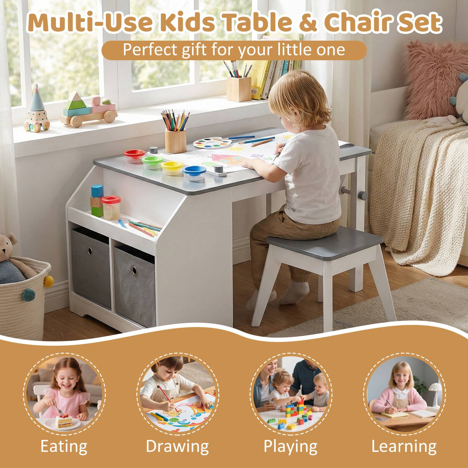 Multi-Use Kids Table & Chair Set  
Perfect gift for your little one  

Eating  
Drawing  
Playing  
Learning