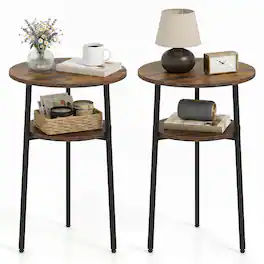 Costway - 2 PCS 2-Tier Round Side Table with Storage Shelf Metal Frame for Living Room Bedroom - Rustic Brown & Black