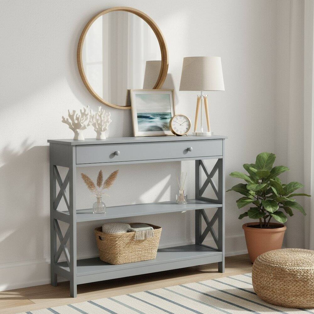 Back. FurniFact - Console Table with 1 Drawer and 3 Tiers of Shelving - Gray.