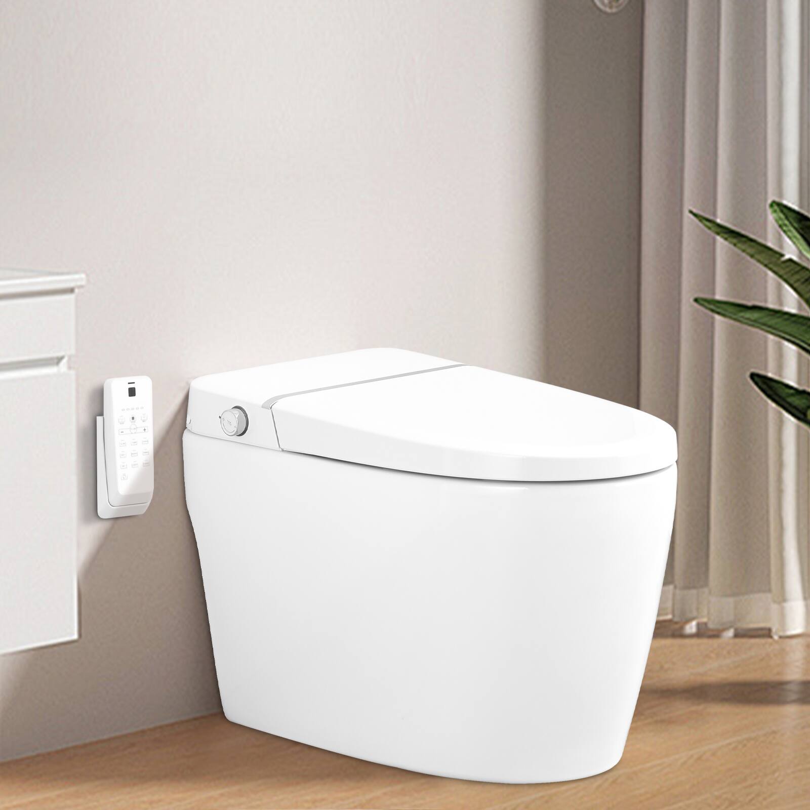 Angle. TinyHomie - Smart Toilet Bidet Combo with Self Cleaning Nozzle Heated Seat Night Light with Remote Control - White.