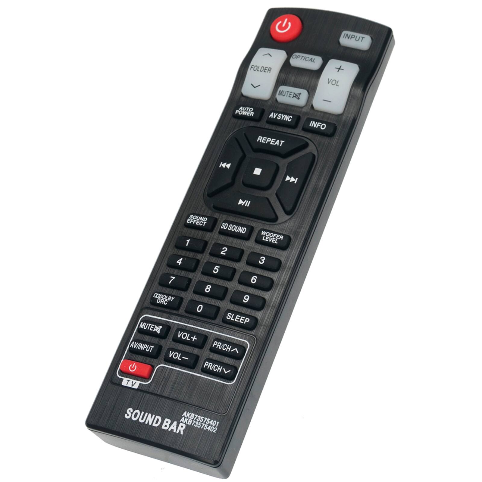 INPUT OPTICAL FOLDER + VOL MUTES | AUTO POWER AVSYNC INFO REPEAT 1 2 3 4 5 6 7 8 9 0 SLEEP MUTE VOL+ AVINPUT PR/CH VOL PR/CH TV T SOUND BAR AKB73575401