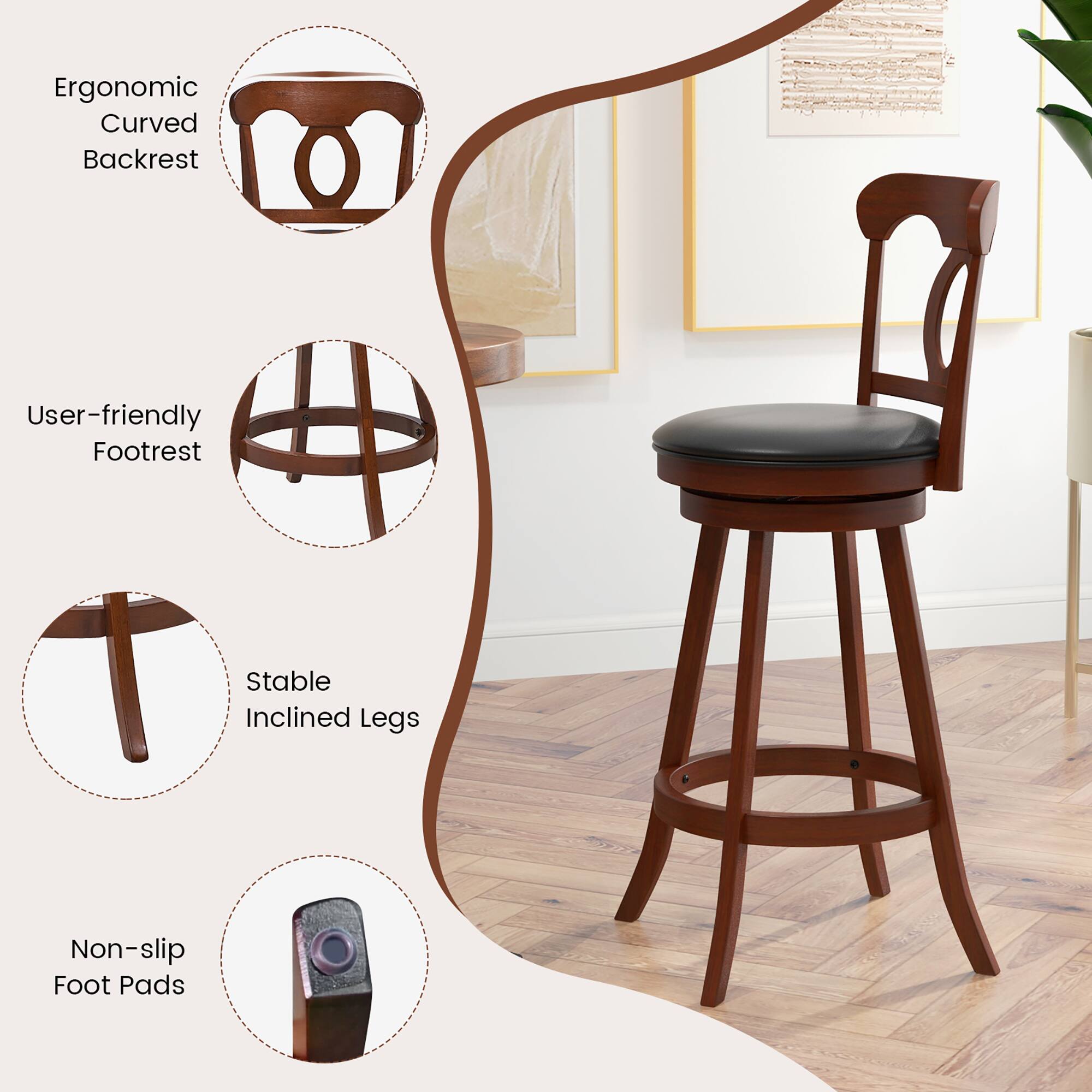 Ergonomic Curved Backrest, User-friendly Footrest, Stable Inclined Legs, Non-slip Foot Pads