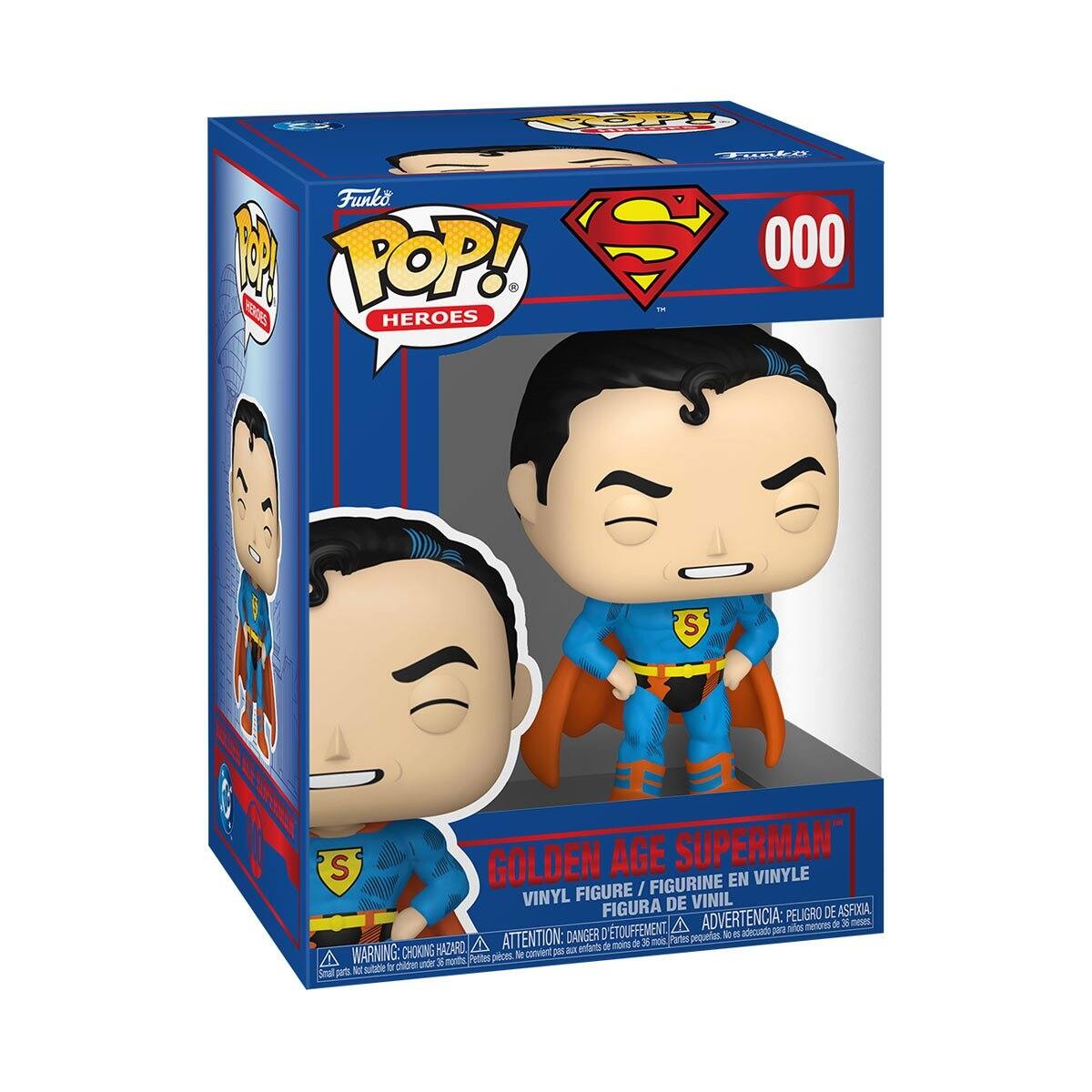 Sure, here is the corrected and grouped text from the image:

---

**Front:**
- Funko POP! HEROES
- 000
- GOLDEN AGE SUPERMAN
- VINYL FIGURE / FIGURINE EN VINYLE / FIGURA DE VINIL
- WARNING: CHOKING HAZARD - Small parts. Not for children under 3 years. / ATTENTION: PELIGRO DE ASFIXIA - Piezas pequeñas. No es adecuado para menores de 3 años. / ADVERTENCIA: PEUIGRO D'ASFIXIA - Peuies petites. No convé per menors de 3 anys.

**Top:**
- Funko POP! HEROES

**Side:**
- Funko POP! HEROES
- GOLDEN AGE SUPERMAN
- VINYL FIGURE / FIGURINE EN VINYLE / FIGURA DE VINIL
- WARNING: CHOKING HAZARD - Small parts. Not for children under 3 years. / ATTENTION: PELIGRO DE ASFIXIA - Piezas pequeñas. No es adecuado para menores de 3 años. / ADVERTENCIA: PEUIGRO D