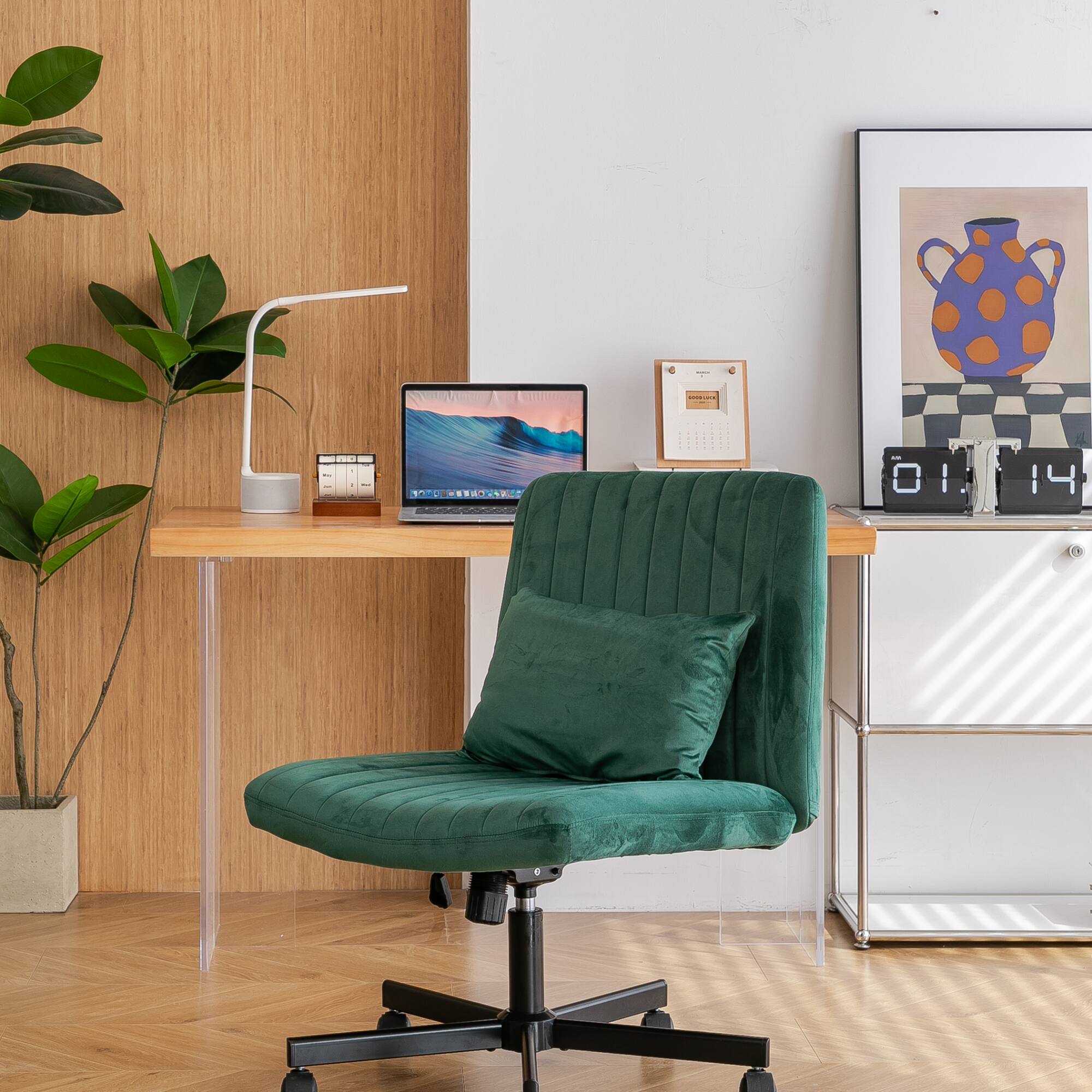 Alt View 2. GOODSILO - Linen Upholstered Ergonomic Office Chair with Adjustable Height and Tilt Mechanism for Home Workspaces - Green.