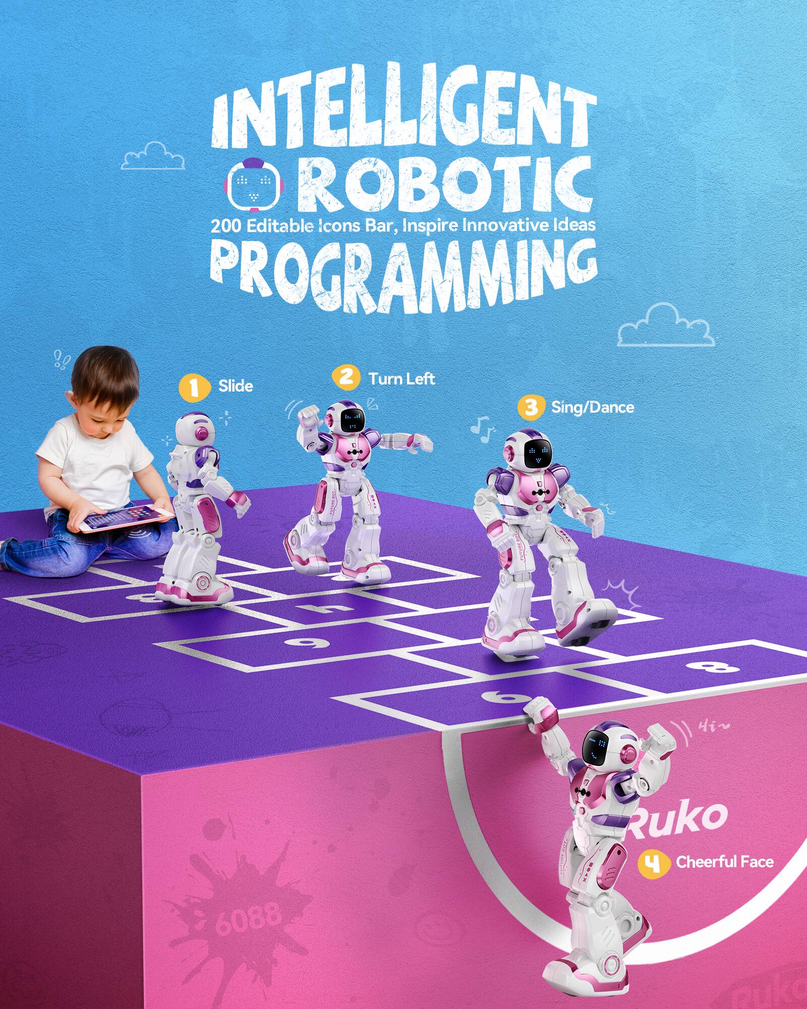 INTELLIGENT ROBOTIC PROGRAMMING  
200 Editable Icons Bar, Inspire Innovative Ideas  

1. Slide  
2. Turn Left  
3. Sing/Dance  
4. Cheerful Face  

Ruko  
6088
