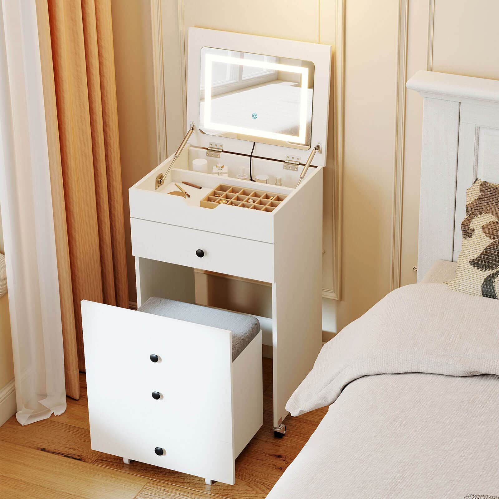 Costway - 3-in-1 Small Vanity Desk Set with Flip-top Mirror, Lights, Drawers, Storage Stool - White