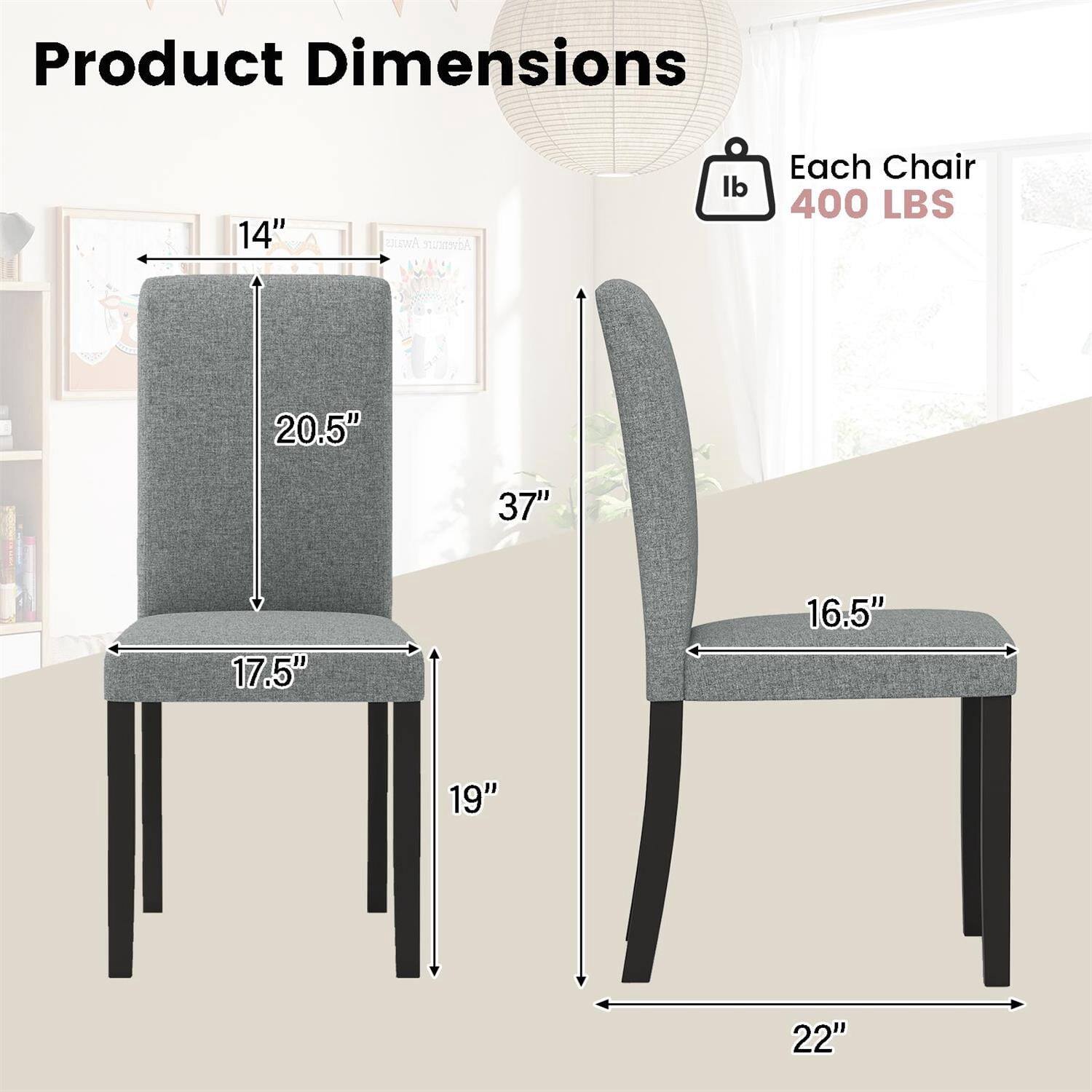 Product Dimensions:  
14" x 20.5" x 17.5" x 19" x 37" x 16.5" x 22"  
Each Chair: 400 LBS