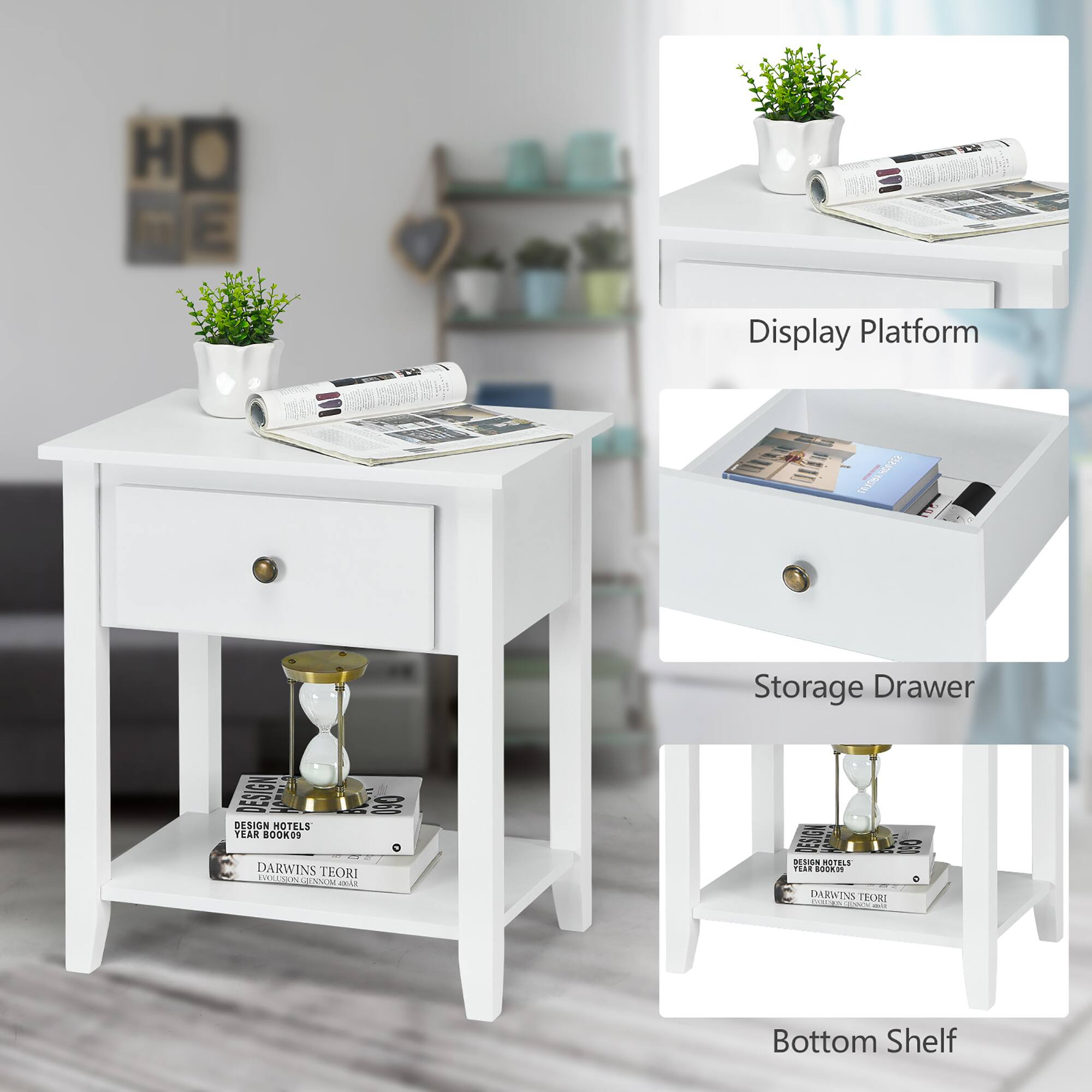 Display Platform: A white table with a display platform on top.

Storage Drawer: A white table with a storage drawer underneath.

Design Home: A white table with a book on it.

Bottom Shelf: A white table with a book on it.