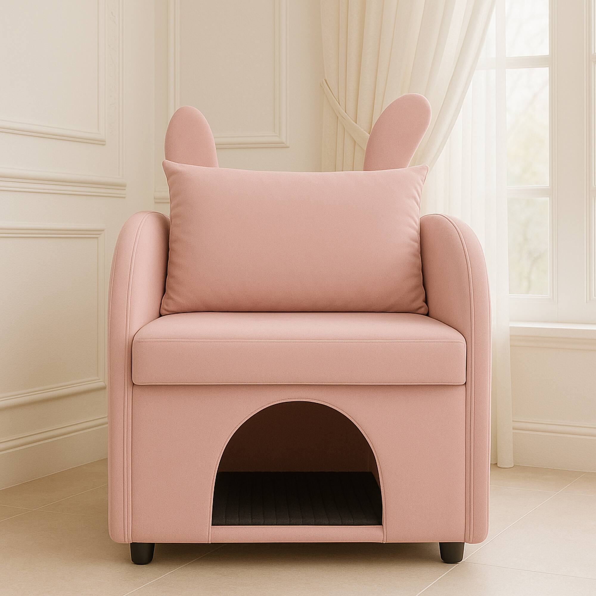 Angle. GOODSILO - Pet-Friendly Bunny-Ear Armchair with Hidden Pet Compartment and Scratch-Resistant Upholstery for Cats and Small Dogs - Pink.