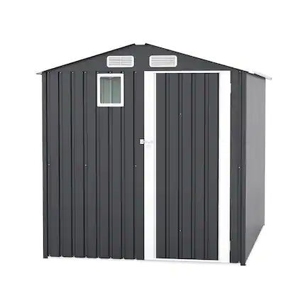 Front. Mondawe - 6x8FT Outdoor Steel Storage Shed with Clear Window and Lockable Doors - Dark Gray.