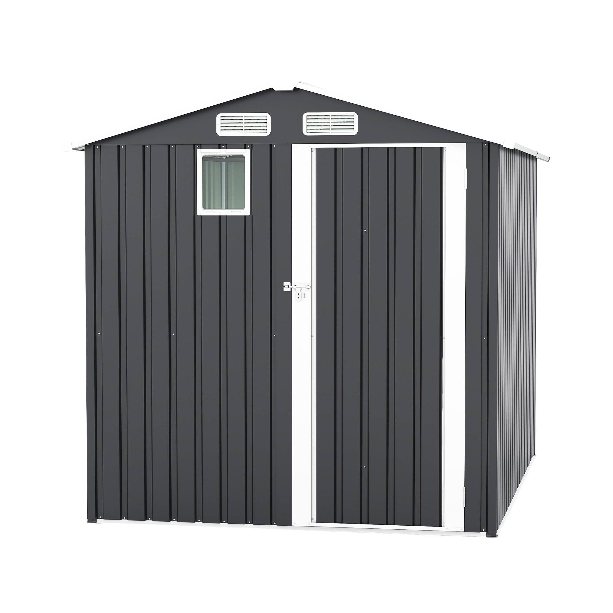 Front. Mondawe - 6x8FT Outdoor Steel Storage Shed with Clear Window and Lockable Doors - Dark Gray.