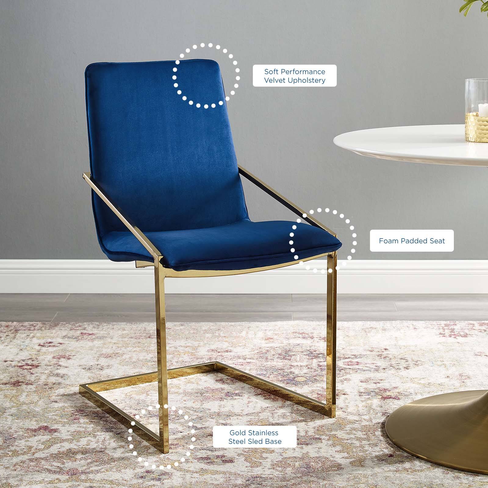 - Soft Performance Velvet Upholstery
- Foam Padded Seat
- Gold Stainless Sled Base