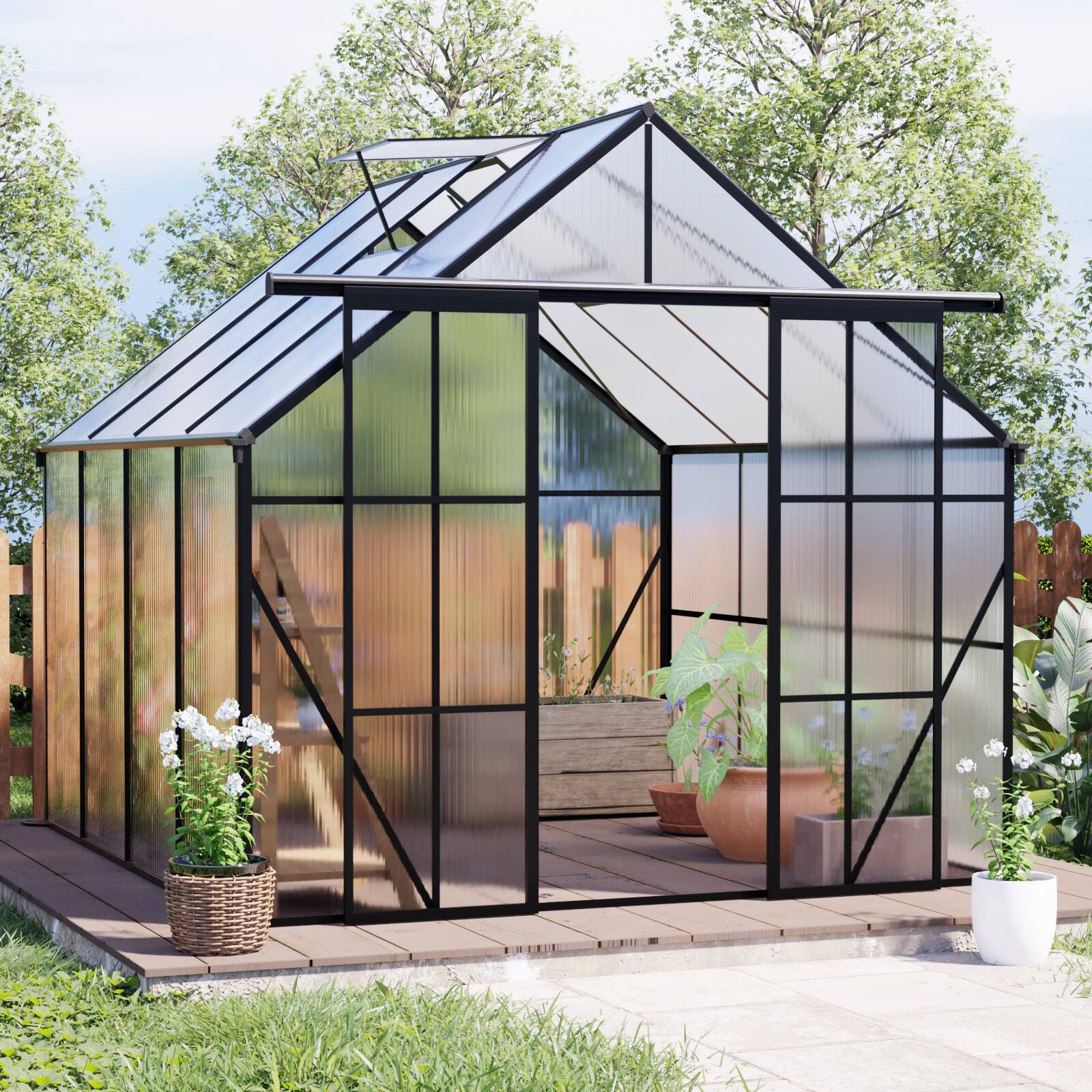 Angle. Mondawe - 8x8 FT Double Door Polycarbonate Greenhouse - Black.