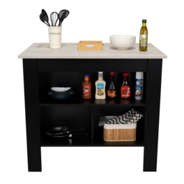TuHome - Cala Kitchen Island, Four Legs, Three Shelves, Black and Ibiza Marble - Black, Ibiza Marble