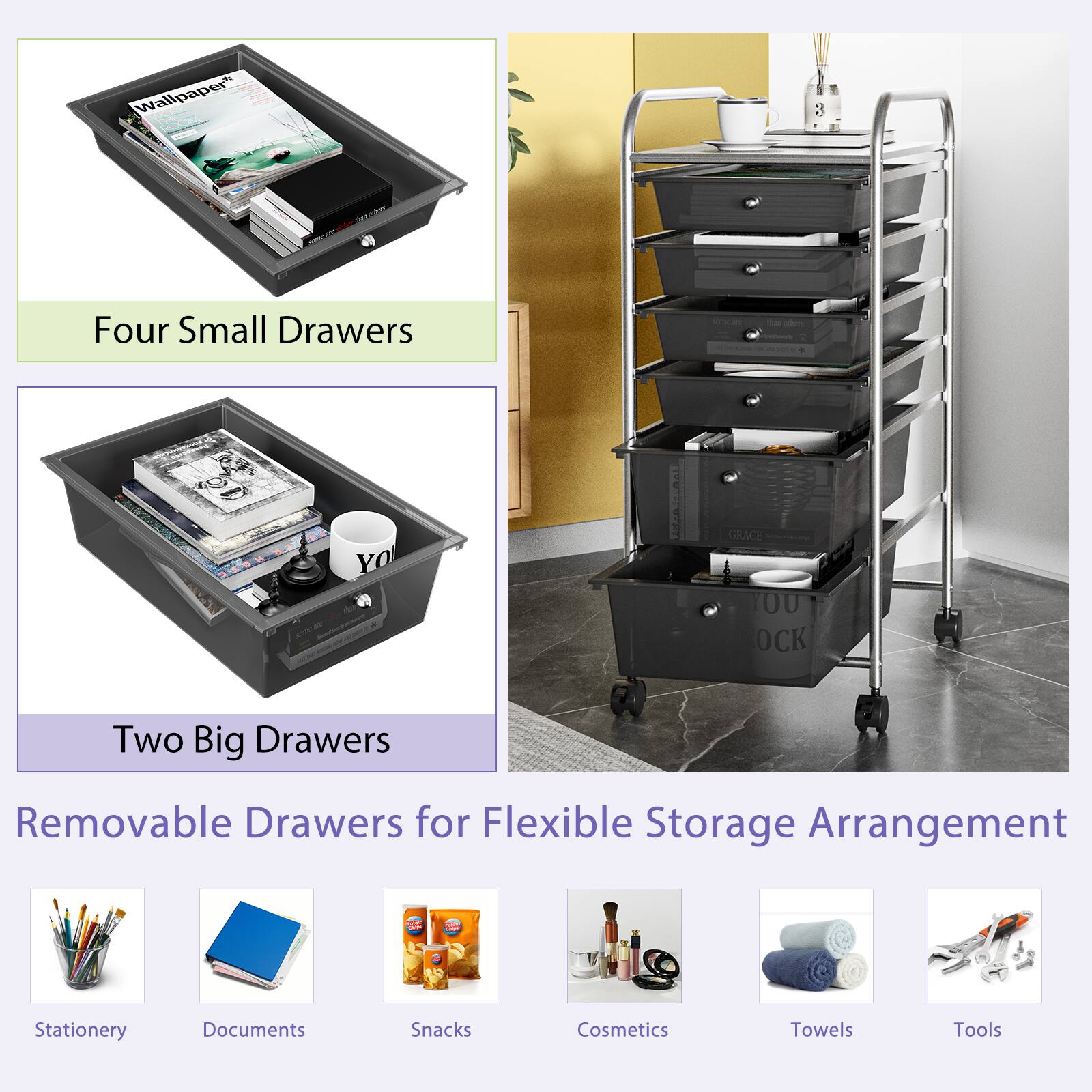 The text on the image is grouped and corrected as follows:

"Four Small Drawers  
Two Big Drawers  
Removable Drawers for Flexible Storage Arrangement  
Stationery  
Documents  
Snacks  
Cosmetics  
Towels  
Tools"
